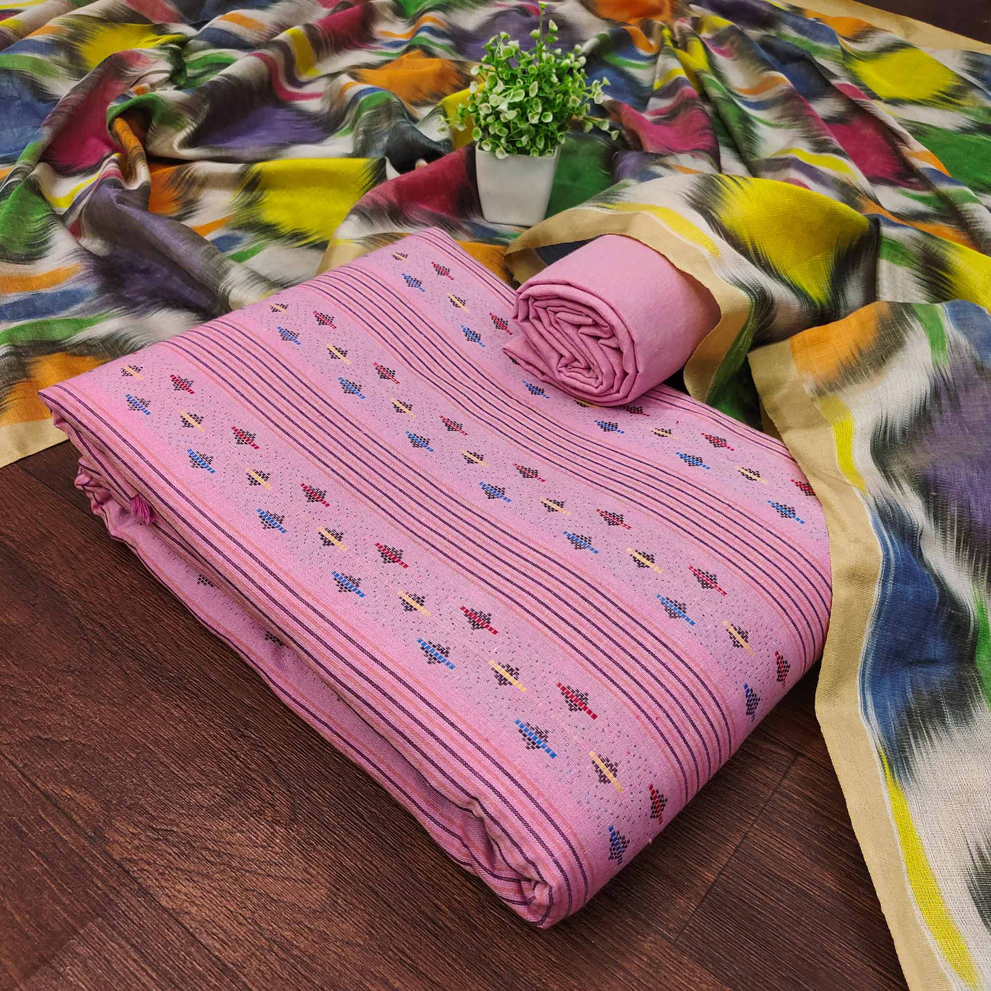 A Mesmerizing Creation Pink Woven Cotton Blend Dress Material - Image 3