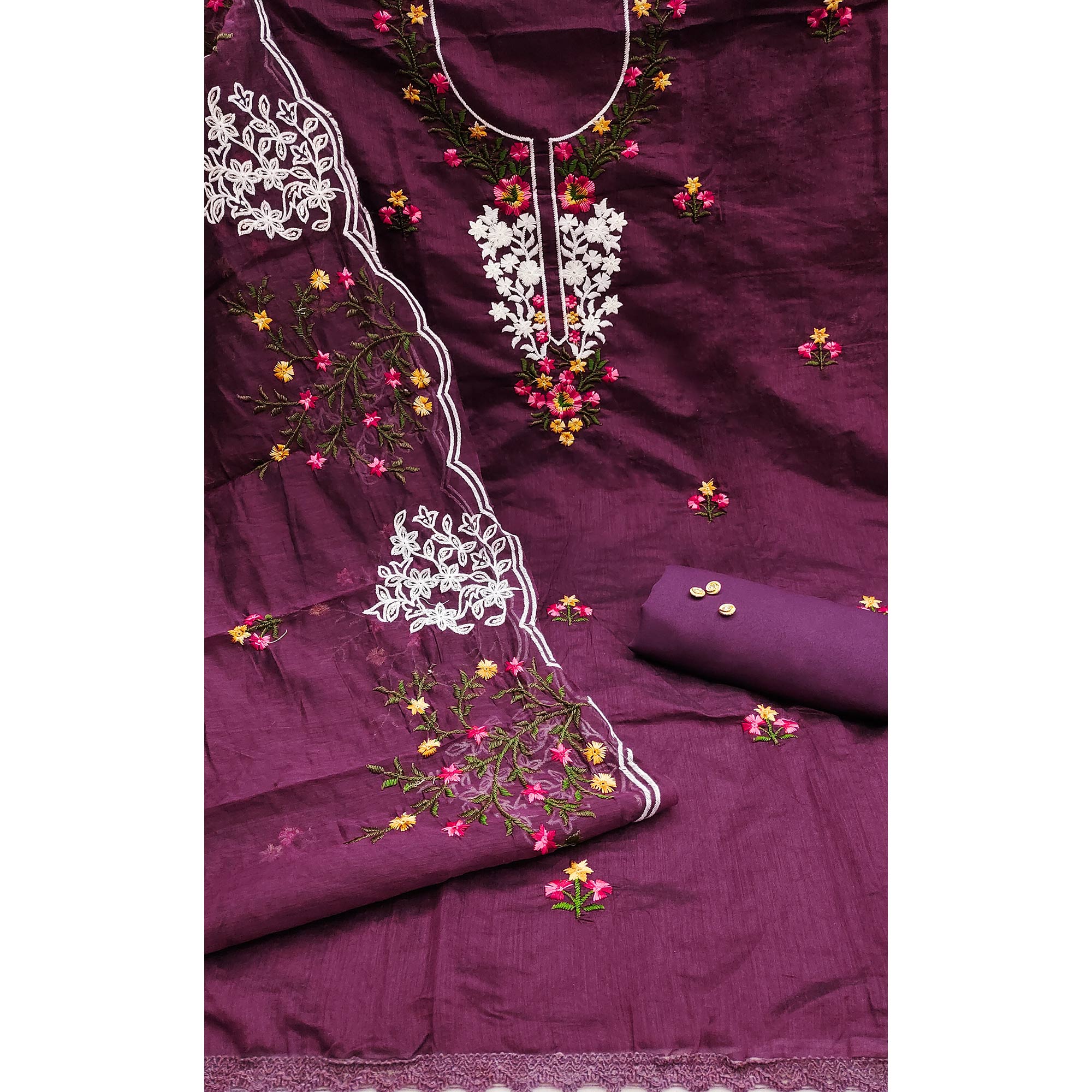 A Timeless Beauty Wine Floral Sequins Embroidered Chanderi Dress Material - Image 3
