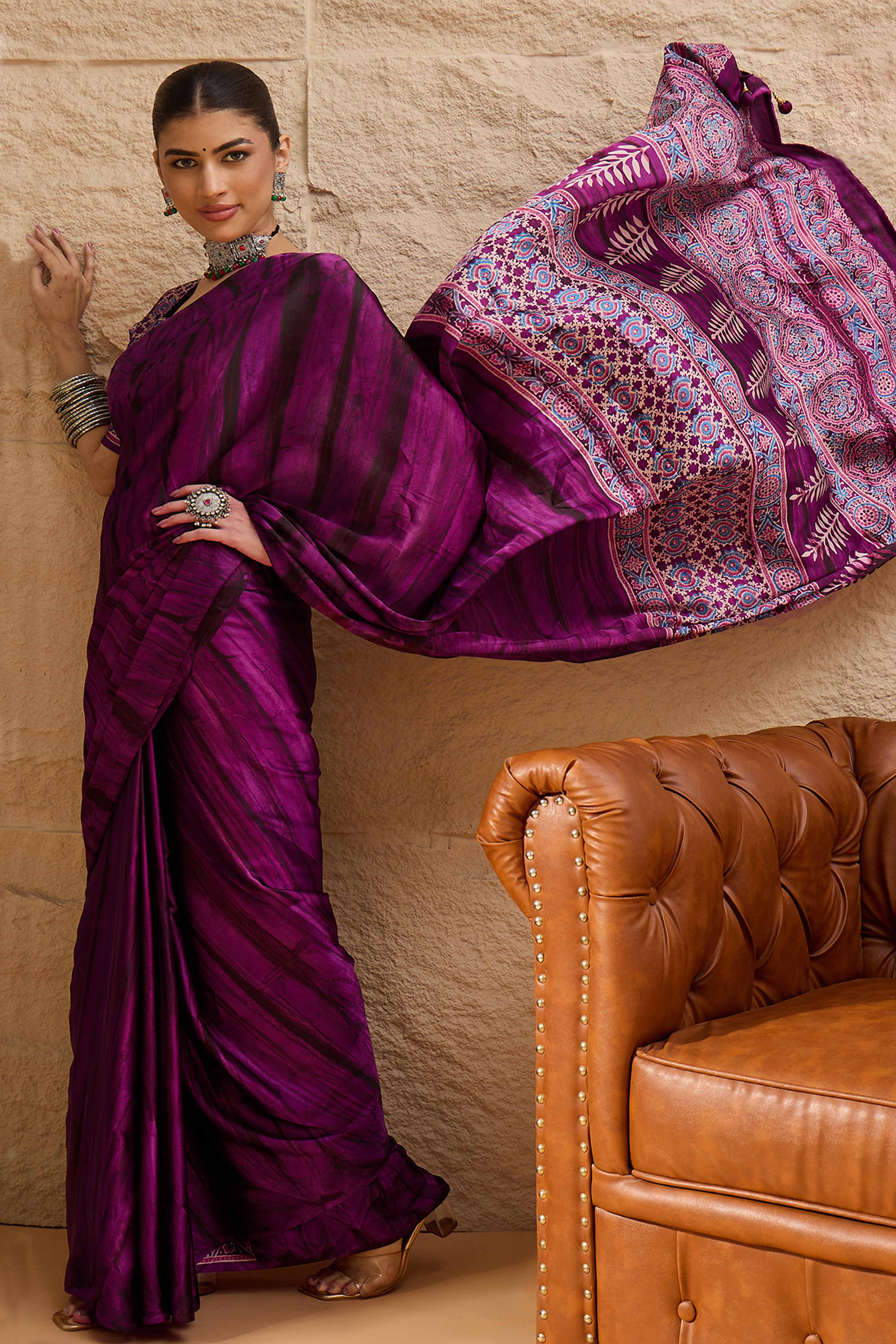 Ajrakh Print on Pallu Purple Satin Saree with Ethnic Appeal - Image 3