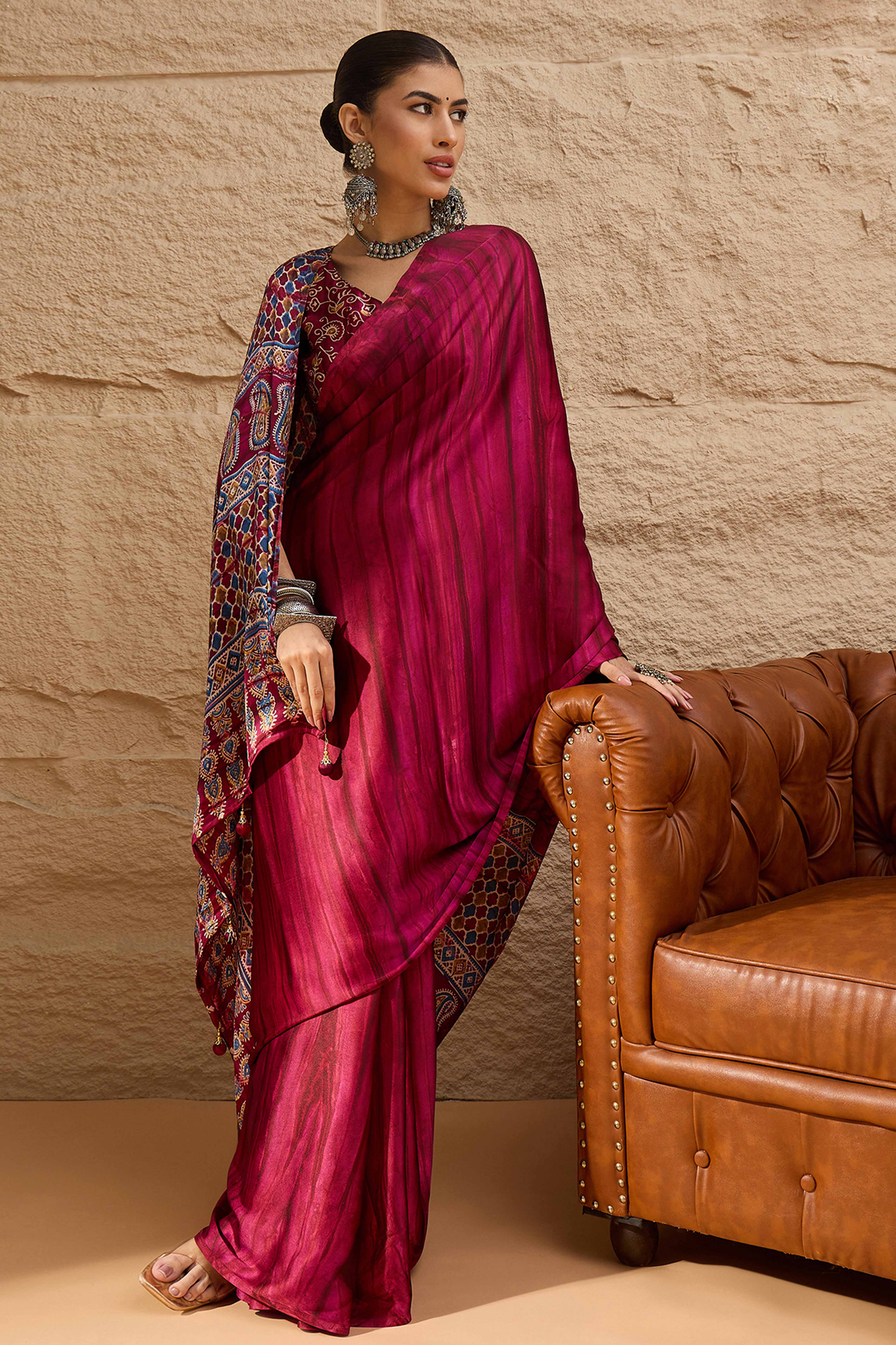 Ajrakh Print Pink Satin Saree with Ethnic Appeal - Image 3