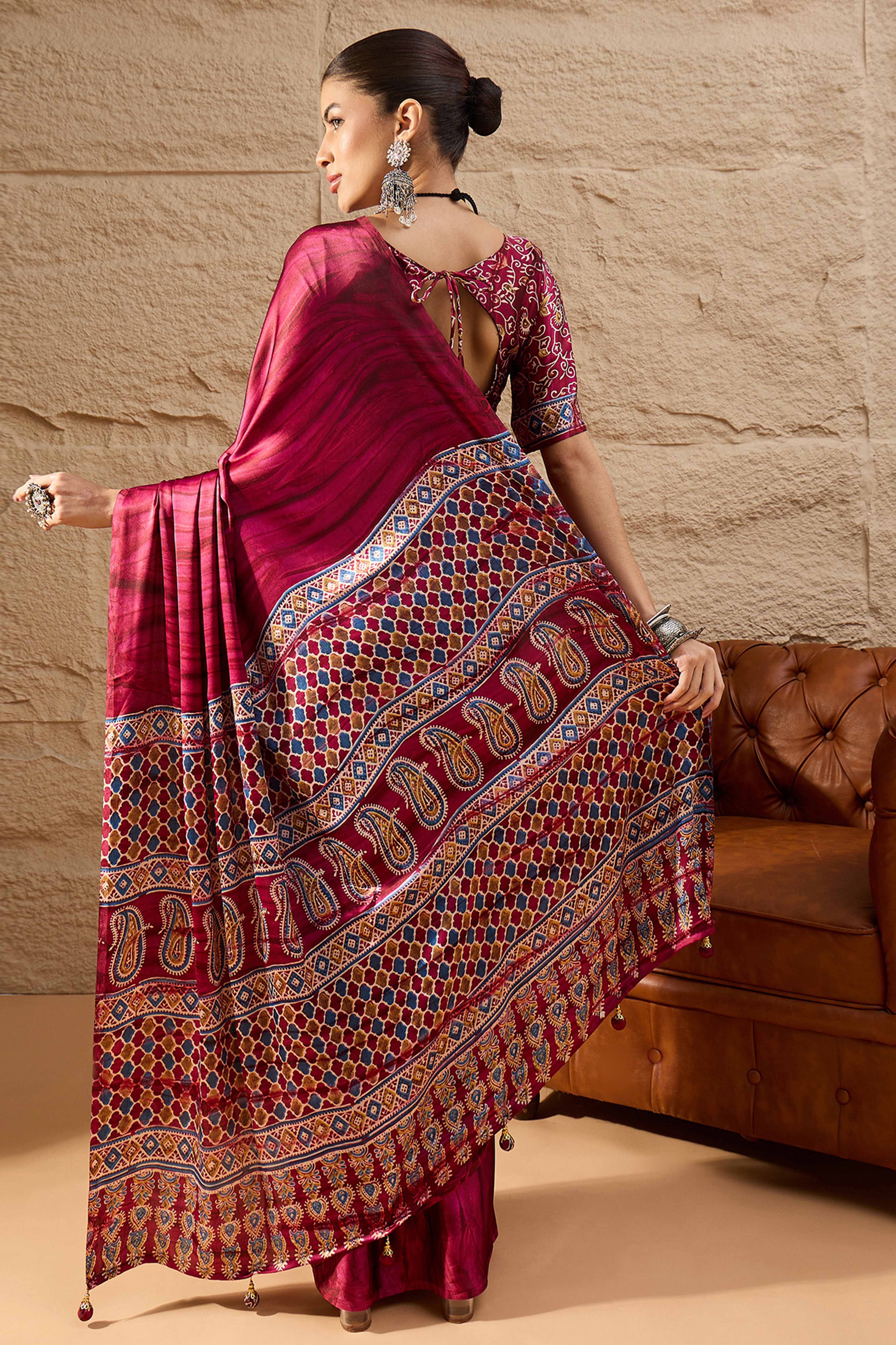Ajrakh Print Pink Satin Saree with Ethnic Appeal - Image 4