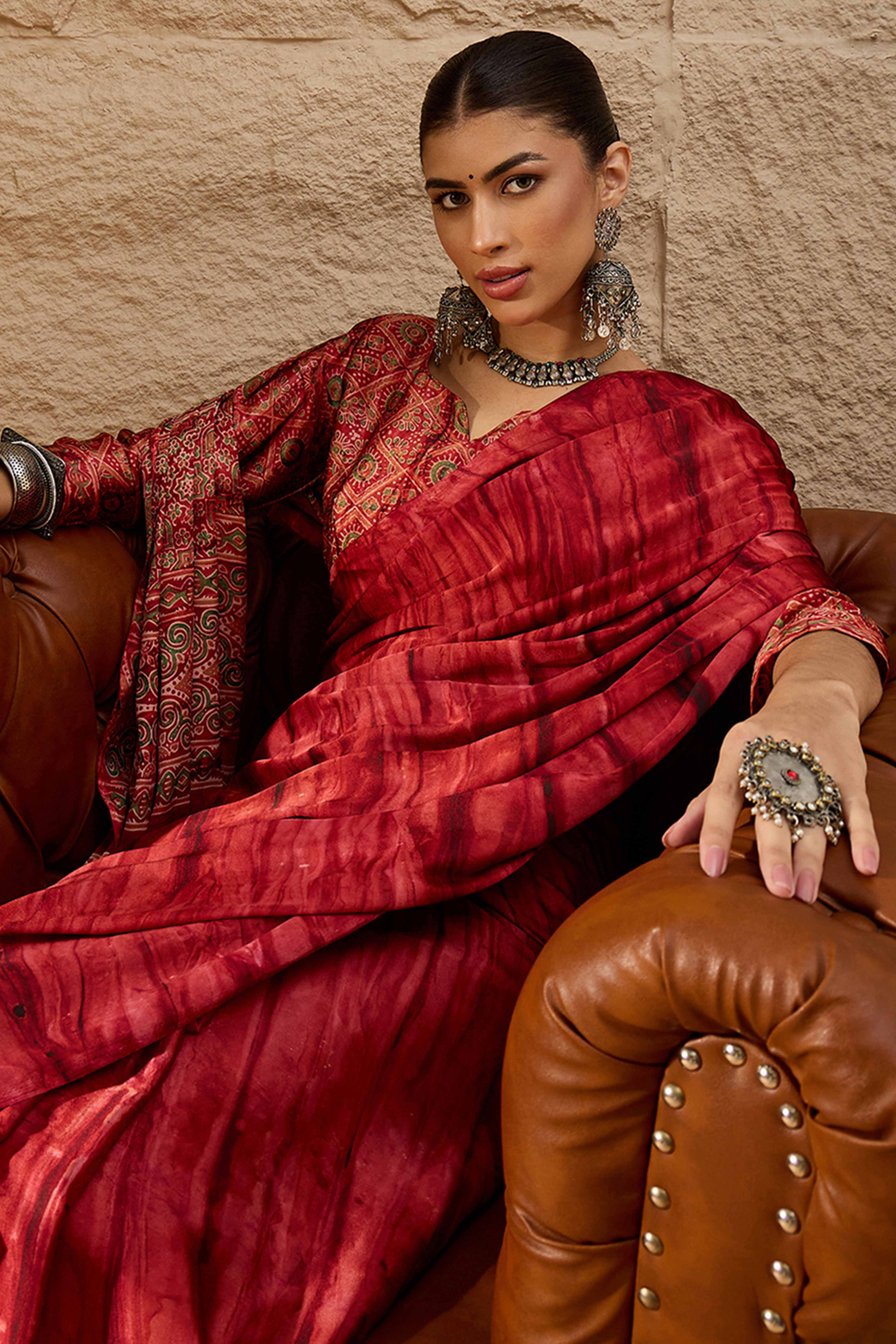Ajrakh Print Red Satin Saree with Ethnic Appeal - Image 4