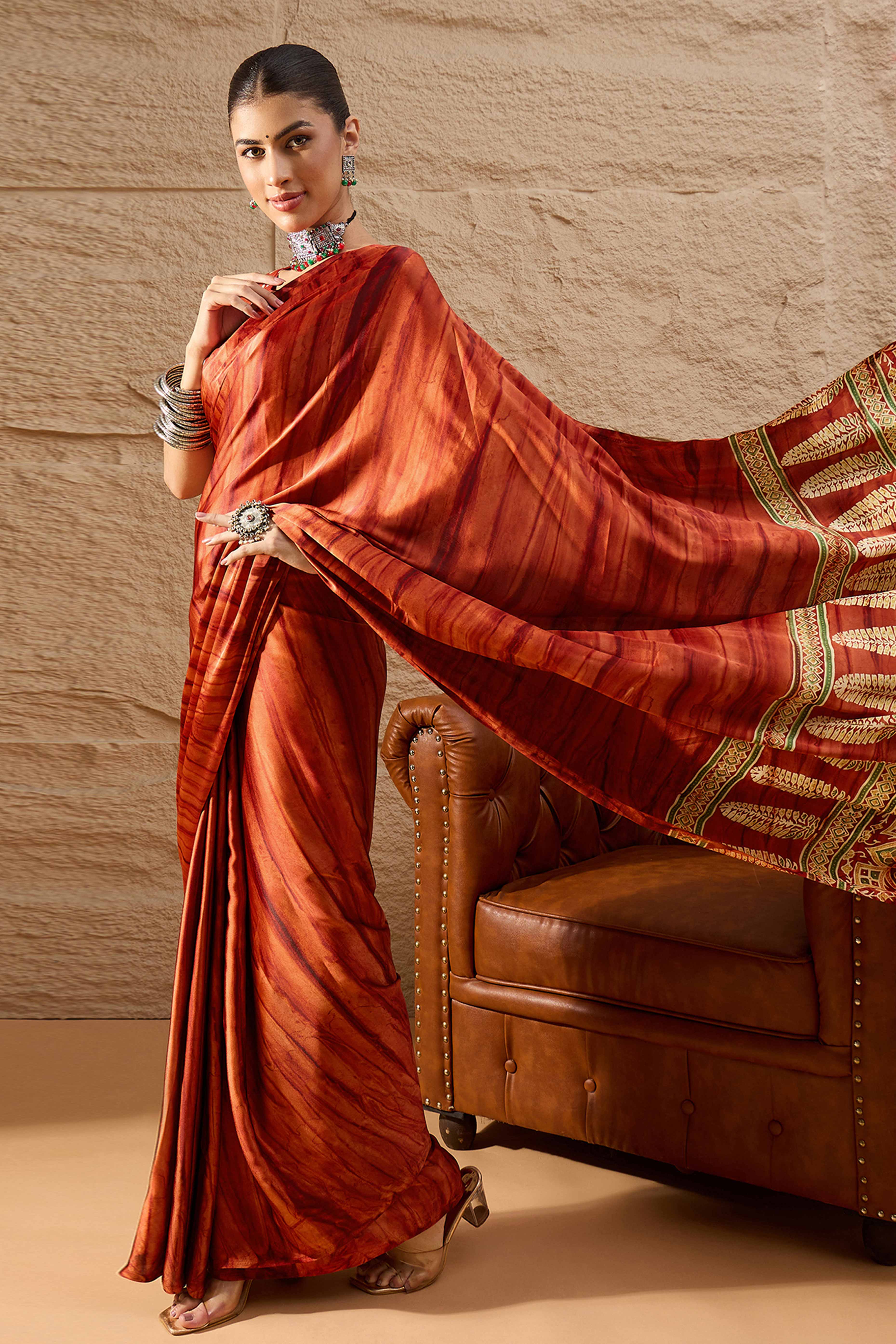 Ajrakh Print Rust Satin Saree with Ethnic Appeal - Image 3
