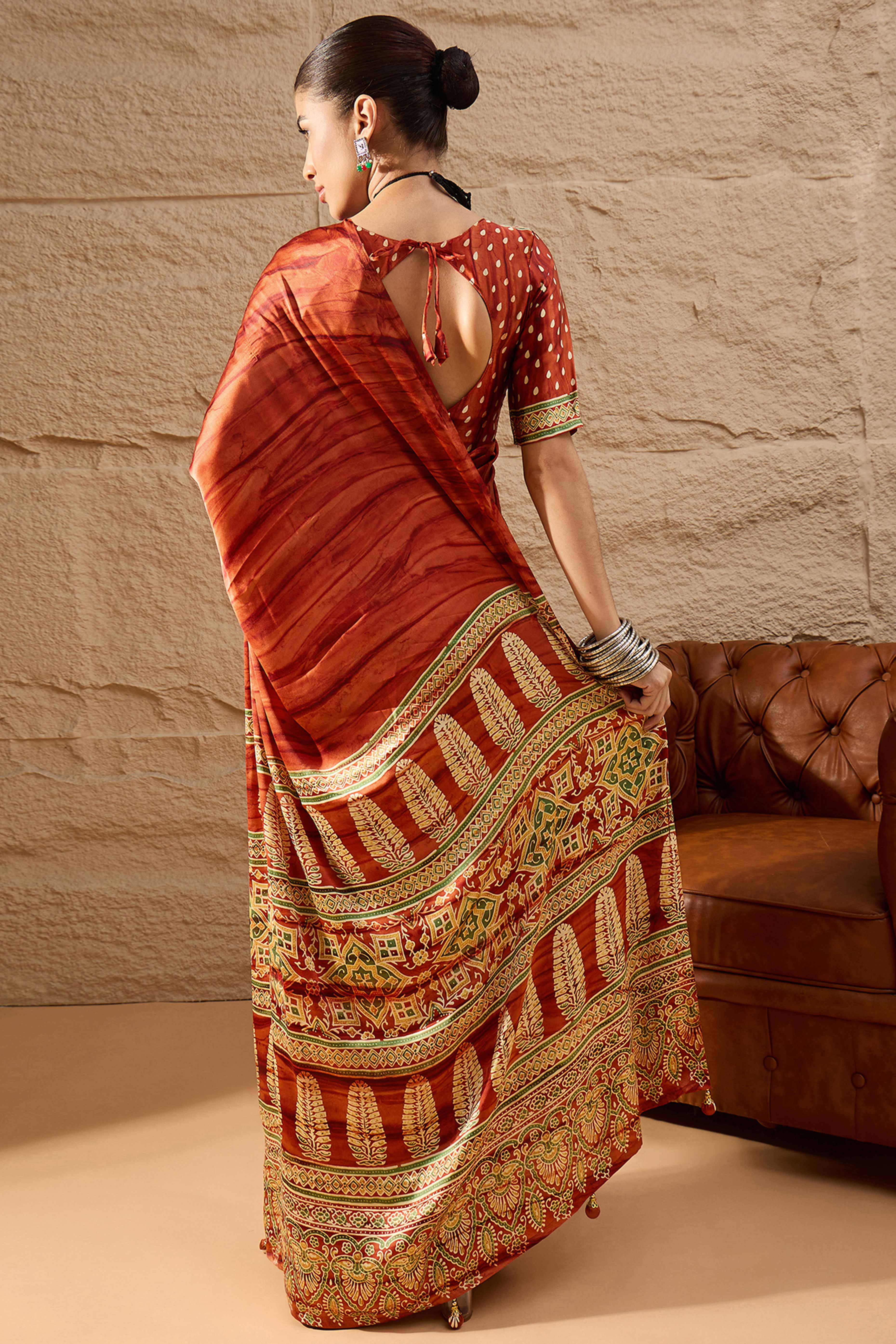 Ajrakh Print Rust Satin Saree with Ethnic Appeal - Image 4