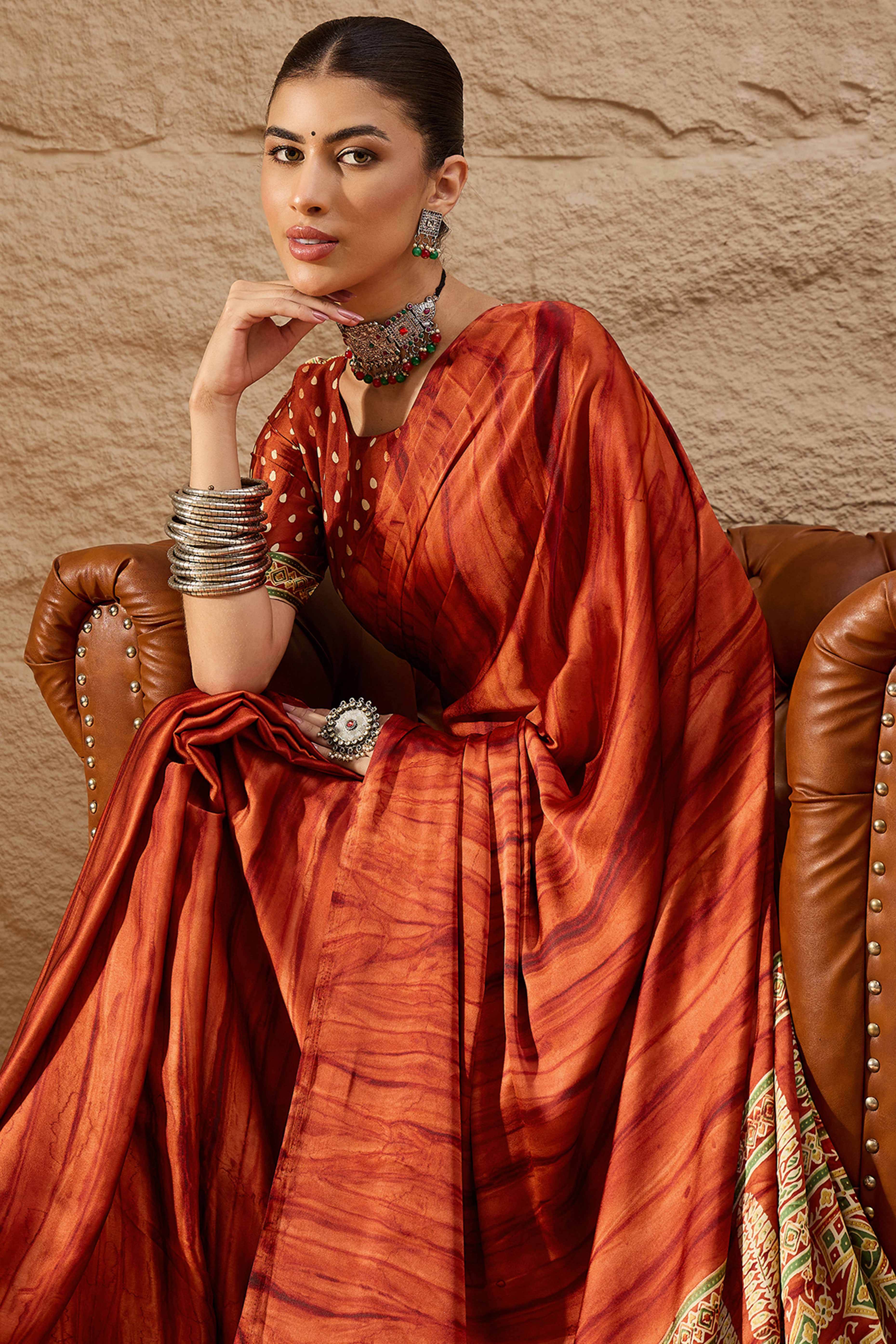 Ajrakh Print Rust Satin Saree with Ethnic Appeal - Image 5