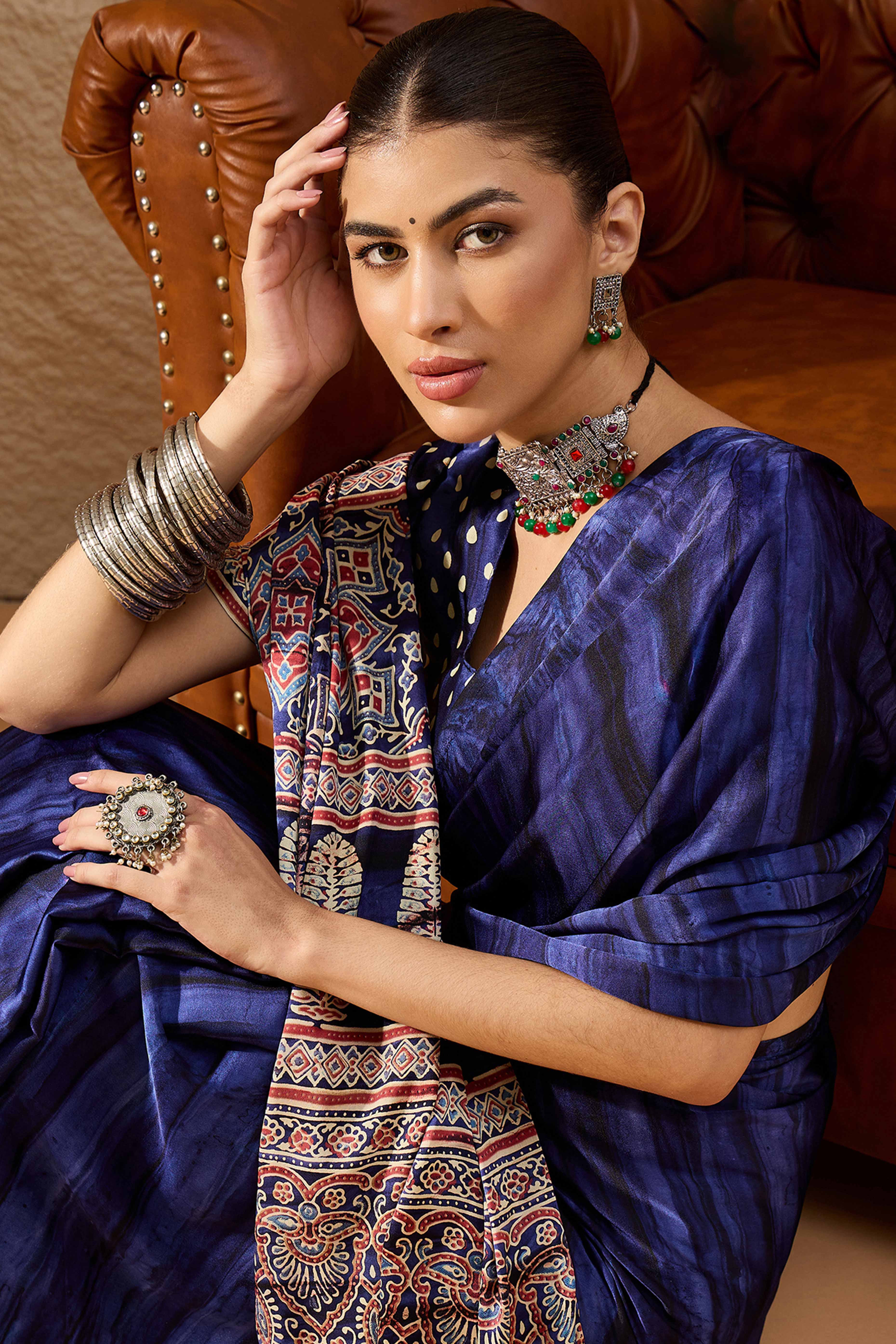 Ajrakh Print Violet Satin Saree with Ethnic Appeal - Image 5