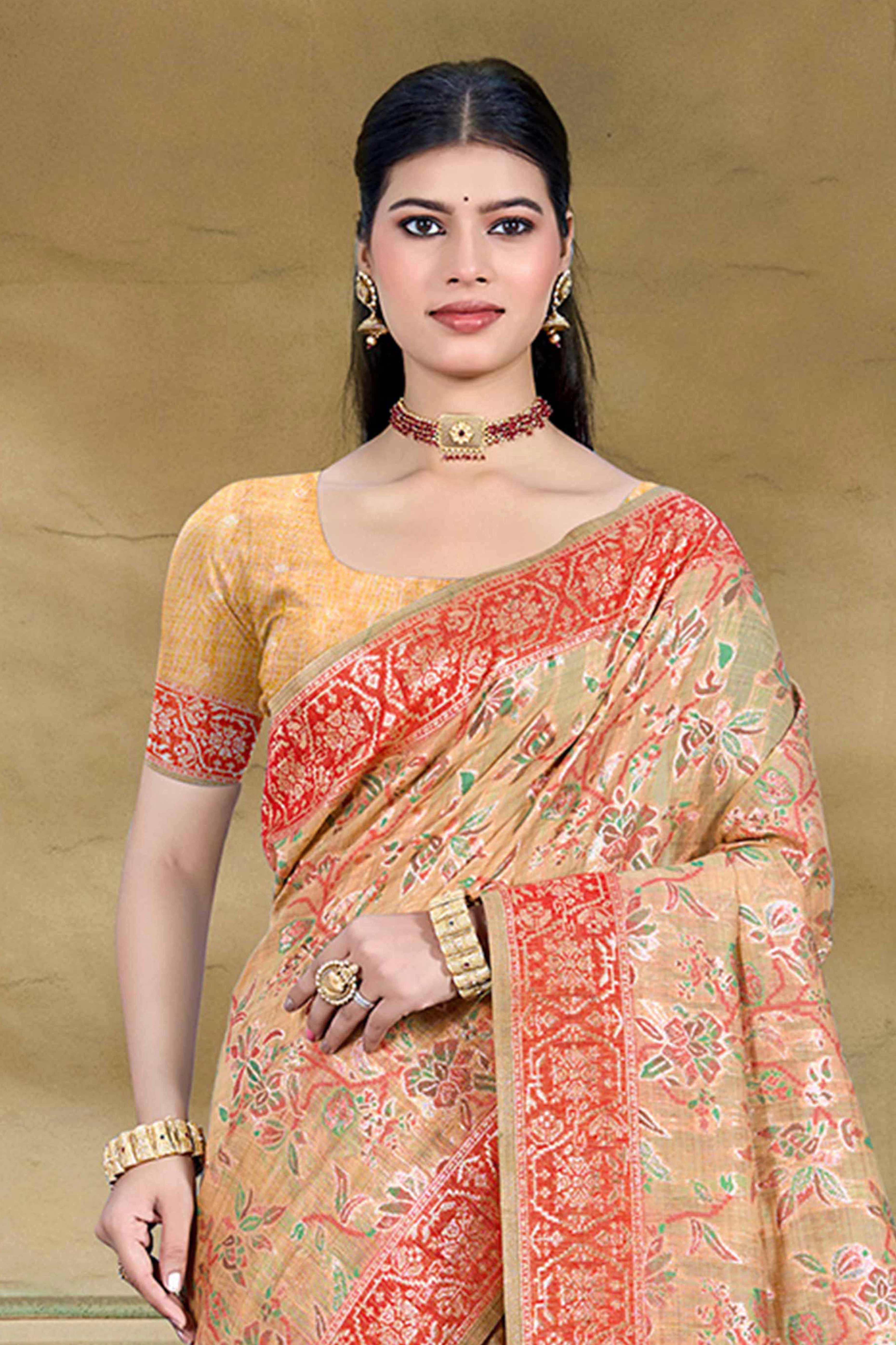 Alluring Light Peach Floral Zari Weaving Cotton Silk Saree With Graceful Tassel Pallu - Image 3