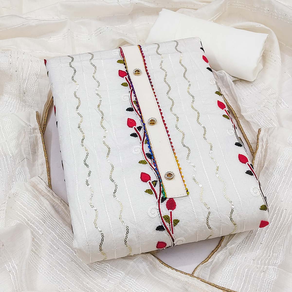 Alluring White Chanderi Silk Dress Fabric Featuring Delicate Sequins Embroidery - Image 2