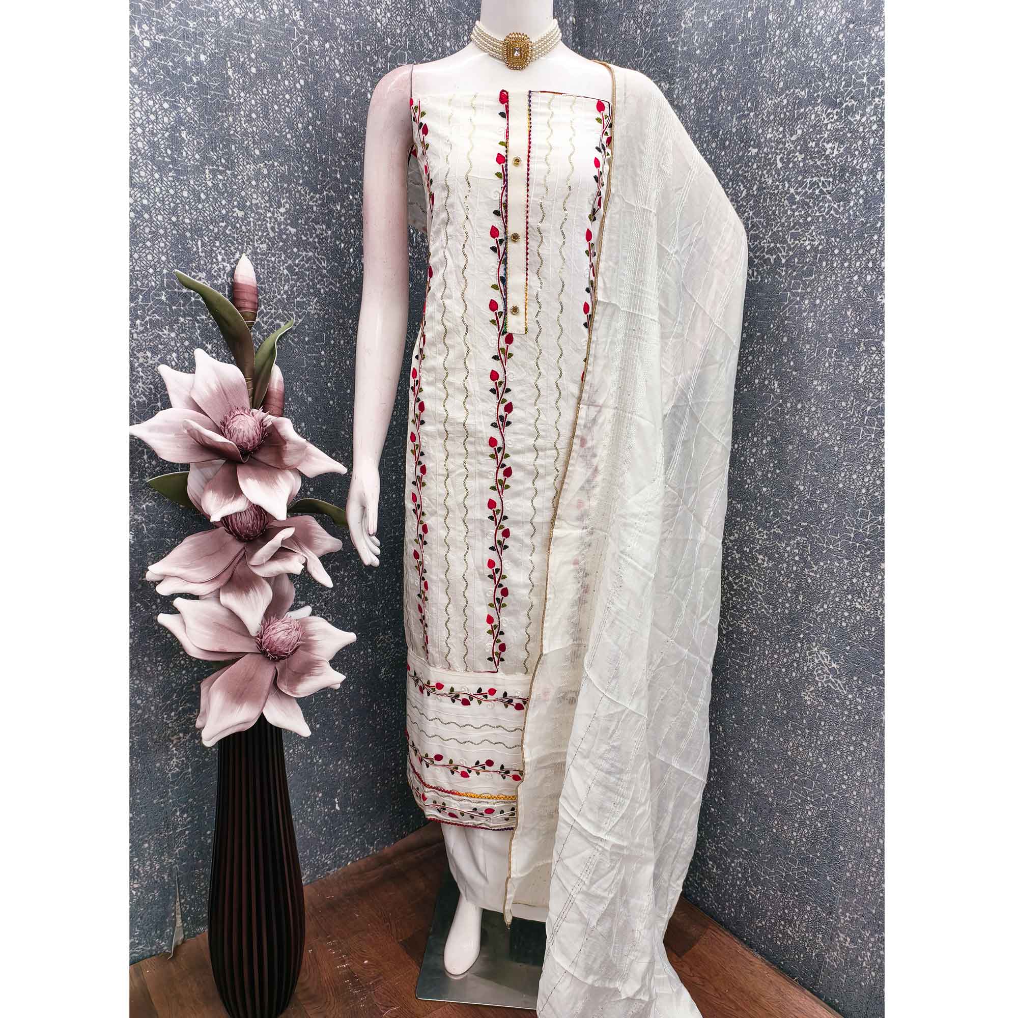 Alluring White Chanderi Silk Dress Fabric Featuring Delicate Sequins Embroidery - Image 3
