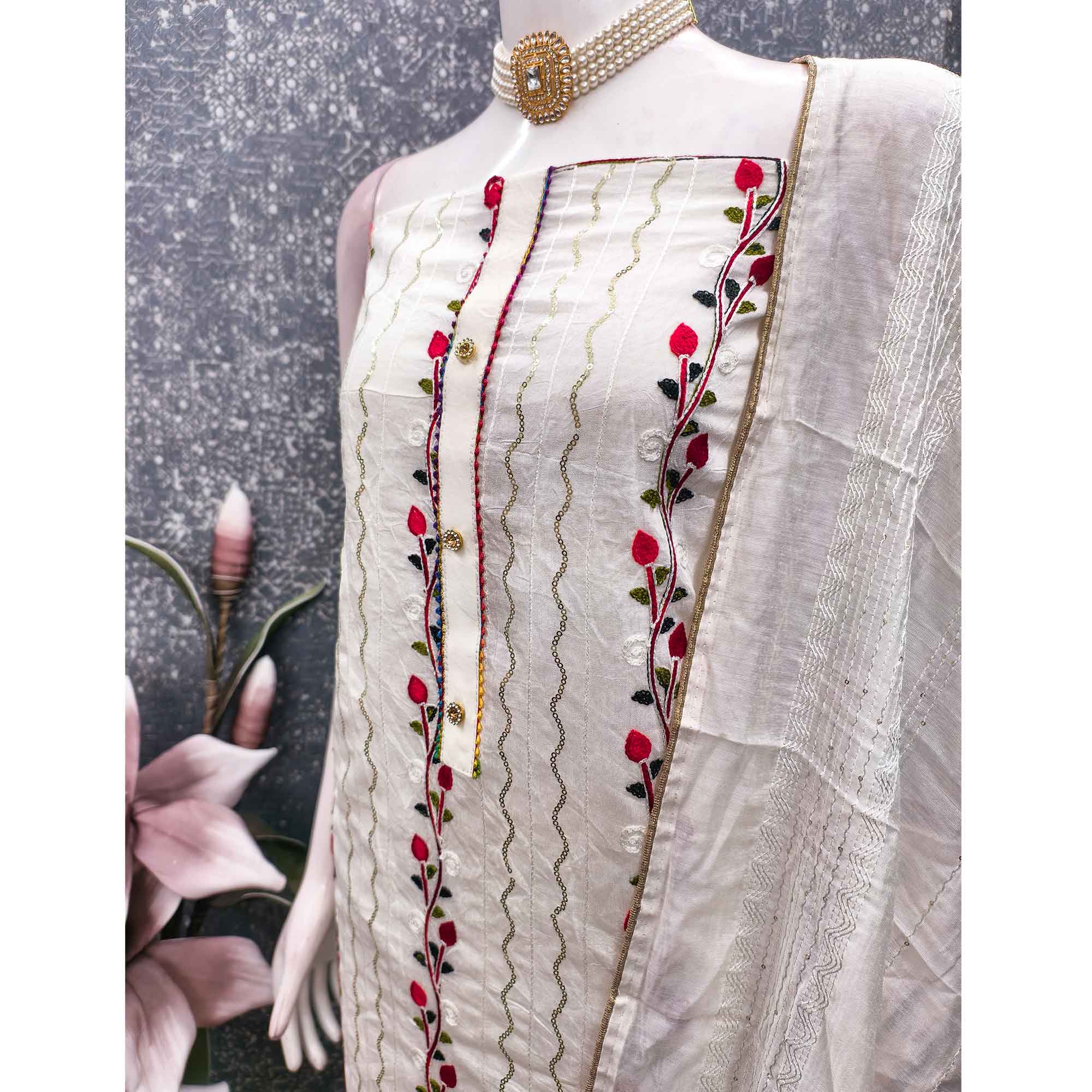 Alluring White Chanderi Silk Dress Fabric Featuring Delicate Sequins Embroidery - Image 4
