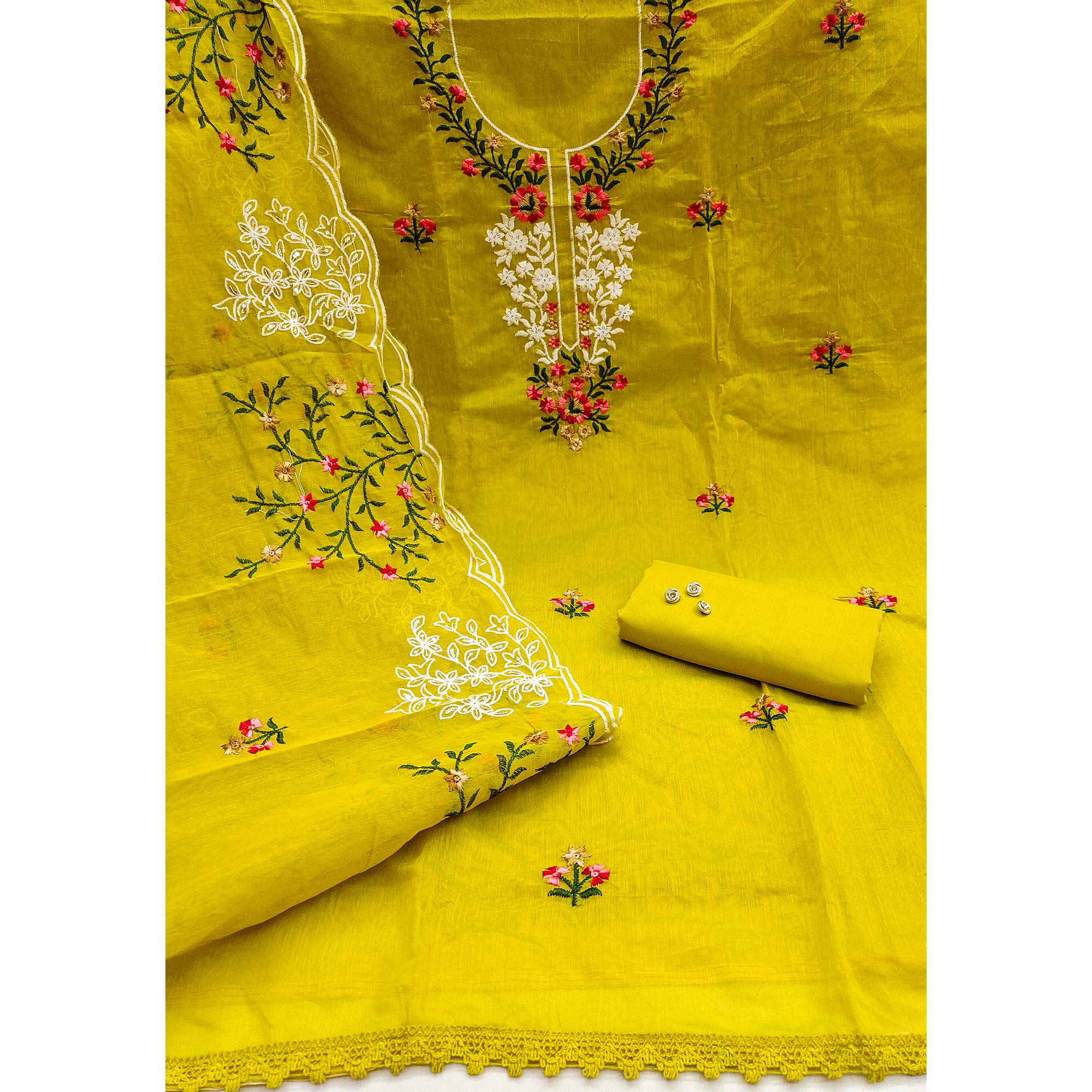 An Ethereal Charm Lemon Yellow Floral Sequins Embroidered Chanderi Dress Material - Image 3