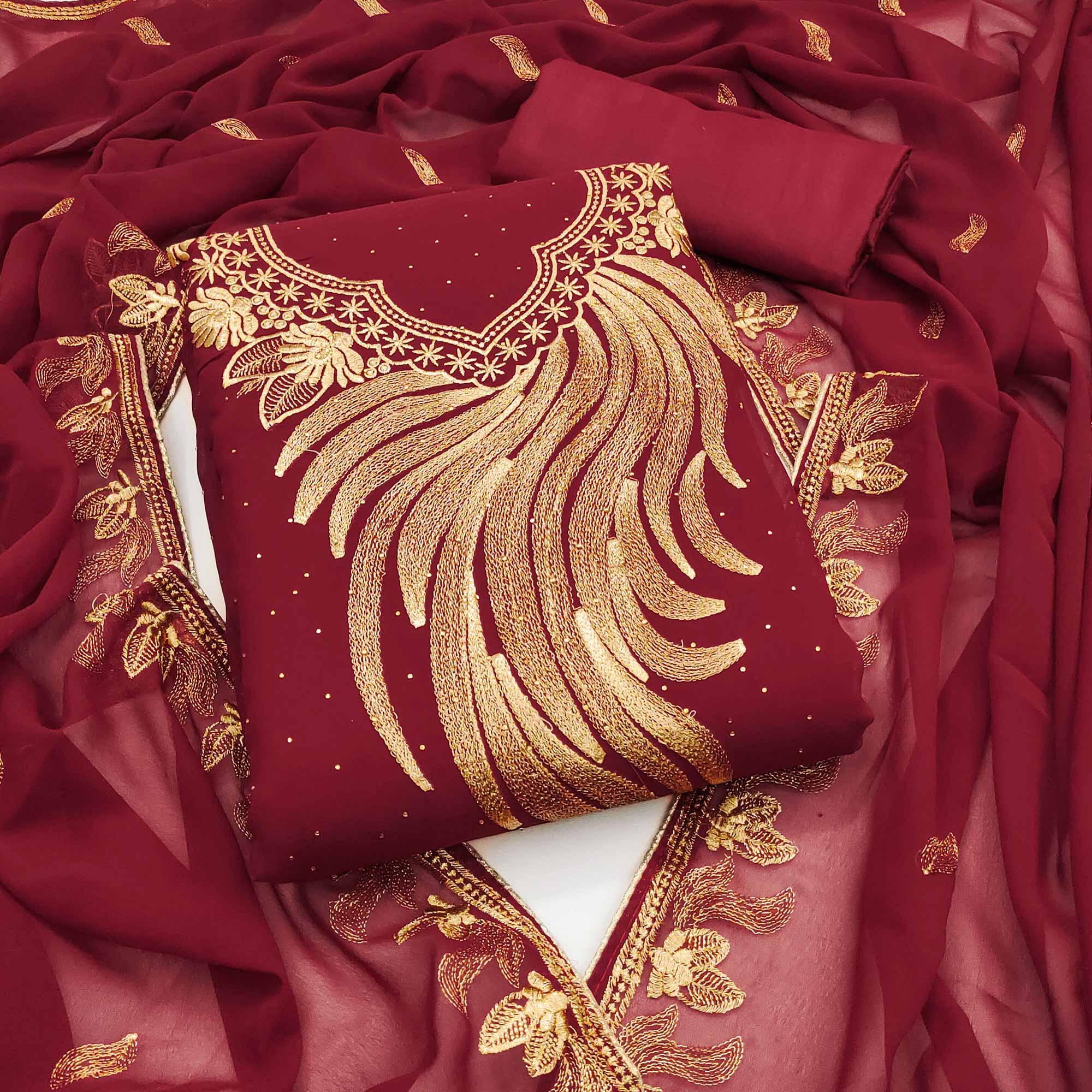 An Ethereal Charm Maroon Floral Embroidery With Stone Work Georgette Dress Material - Image 3