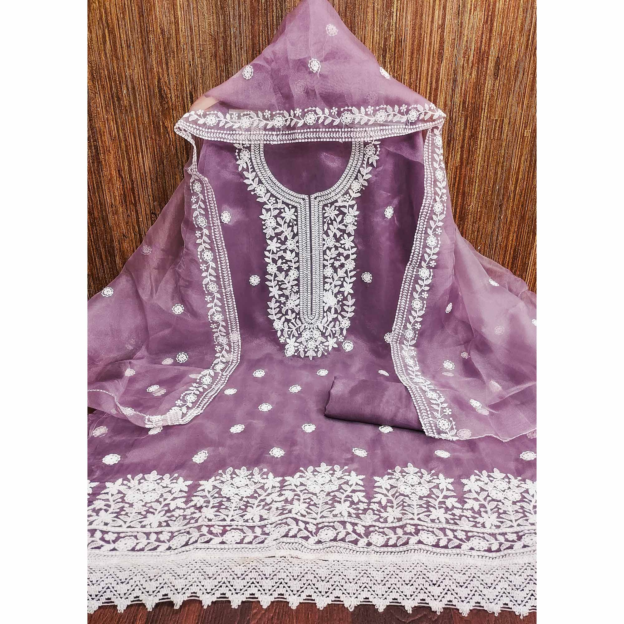 An Ethereal Charm Purple Floral Thread Embroidered Organza Dress Material - Image 4