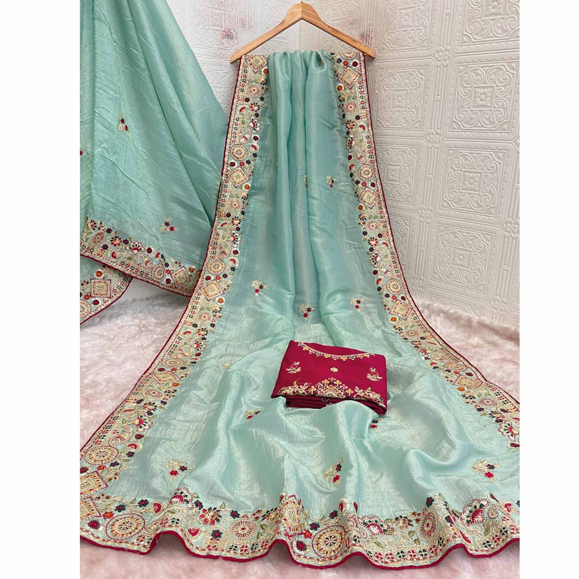 Aqua Blue Saree in Cotton Silk Fabric with Exquisite Floral Sequins Detailing - Image 4