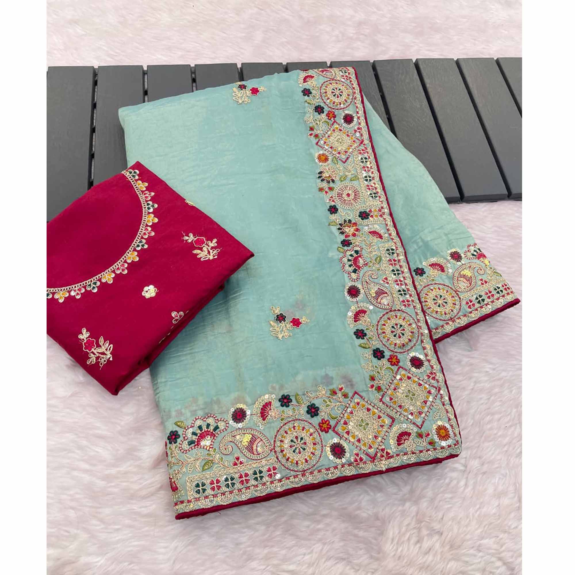Aqua Blue Saree in Cotton Silk Fabric with Exquisite Floral Sequins Detailing - Image 5