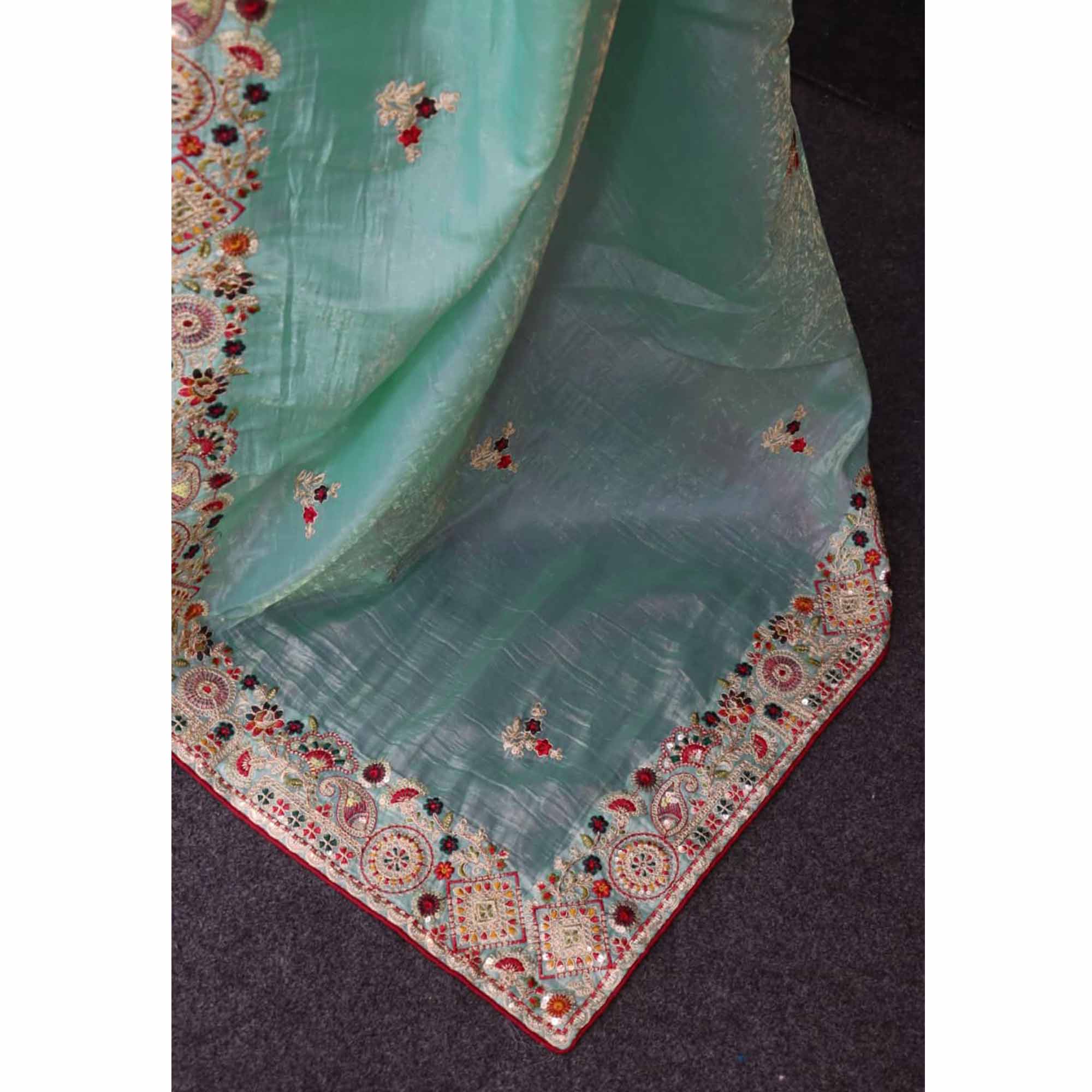 Aqua Blue Saree in Cotton Silk Fabric with Exquisite Floral Sequins Detailing - Image 7