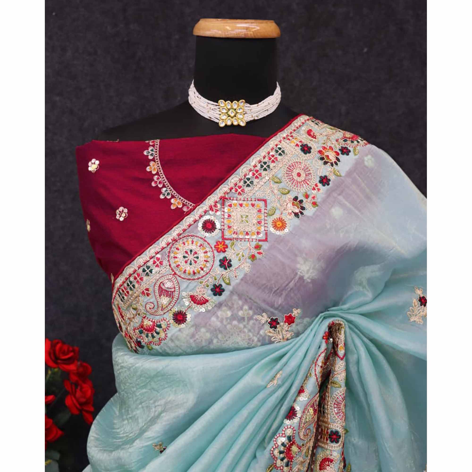 Aqua Blue Saree in Cotton Silk Fabric with Exquisite Floral Sequins Detailing - Image 9