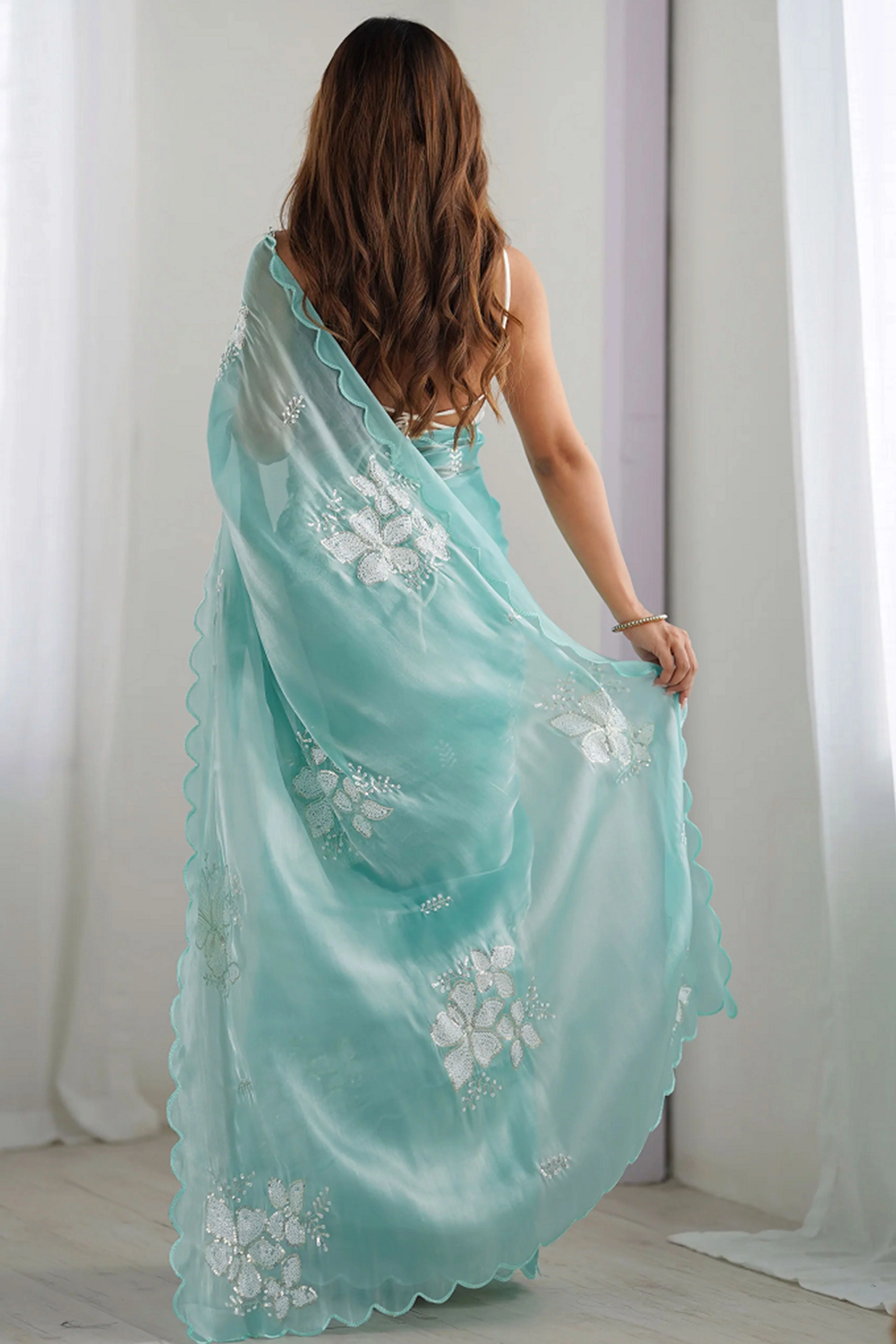 Aqua Blue Sequins Floral Embroidered Organza Saree - Image 4