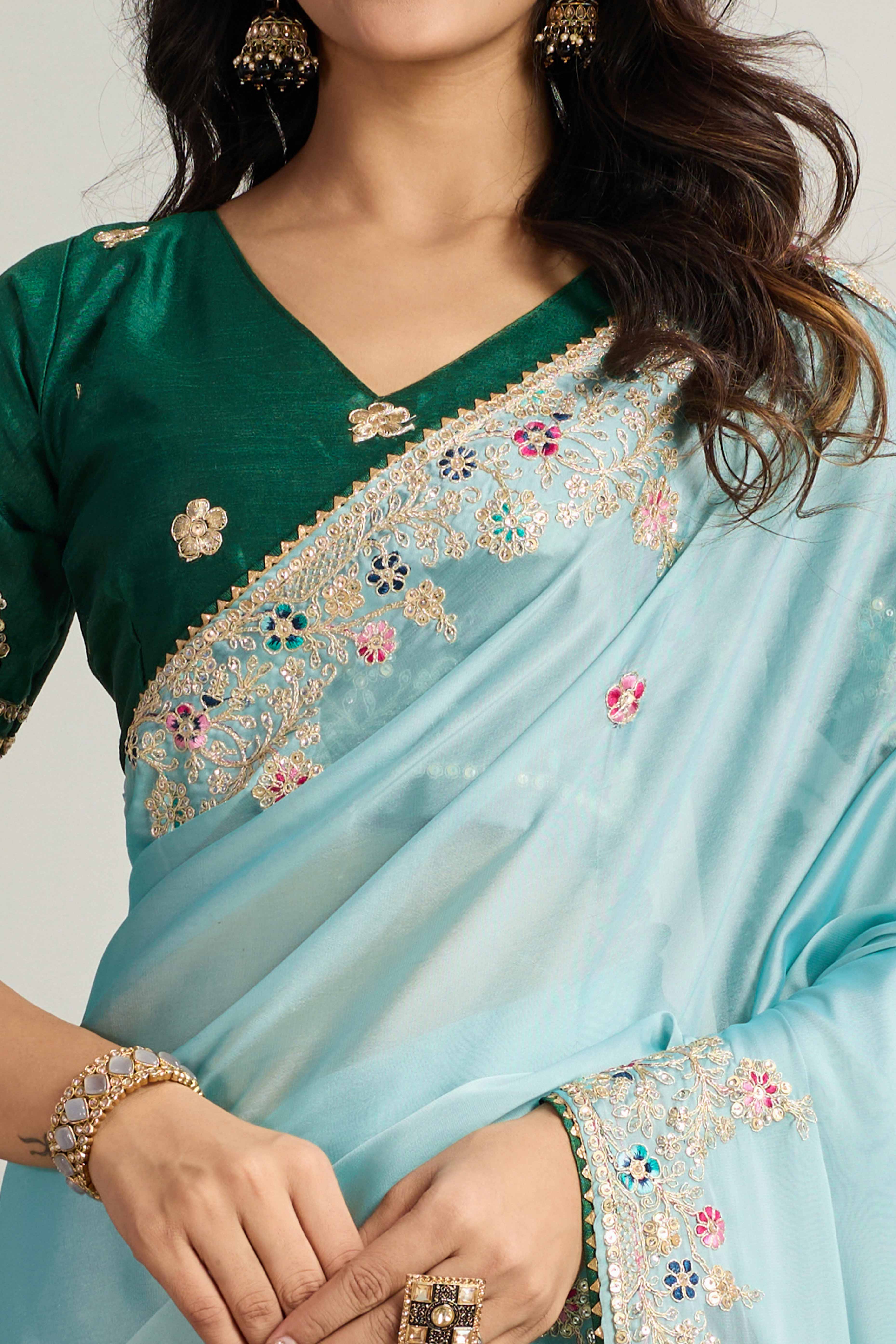 Aqua Blue Star Georgette Party Saree with Sequins and Floral Embroidery - Image 2