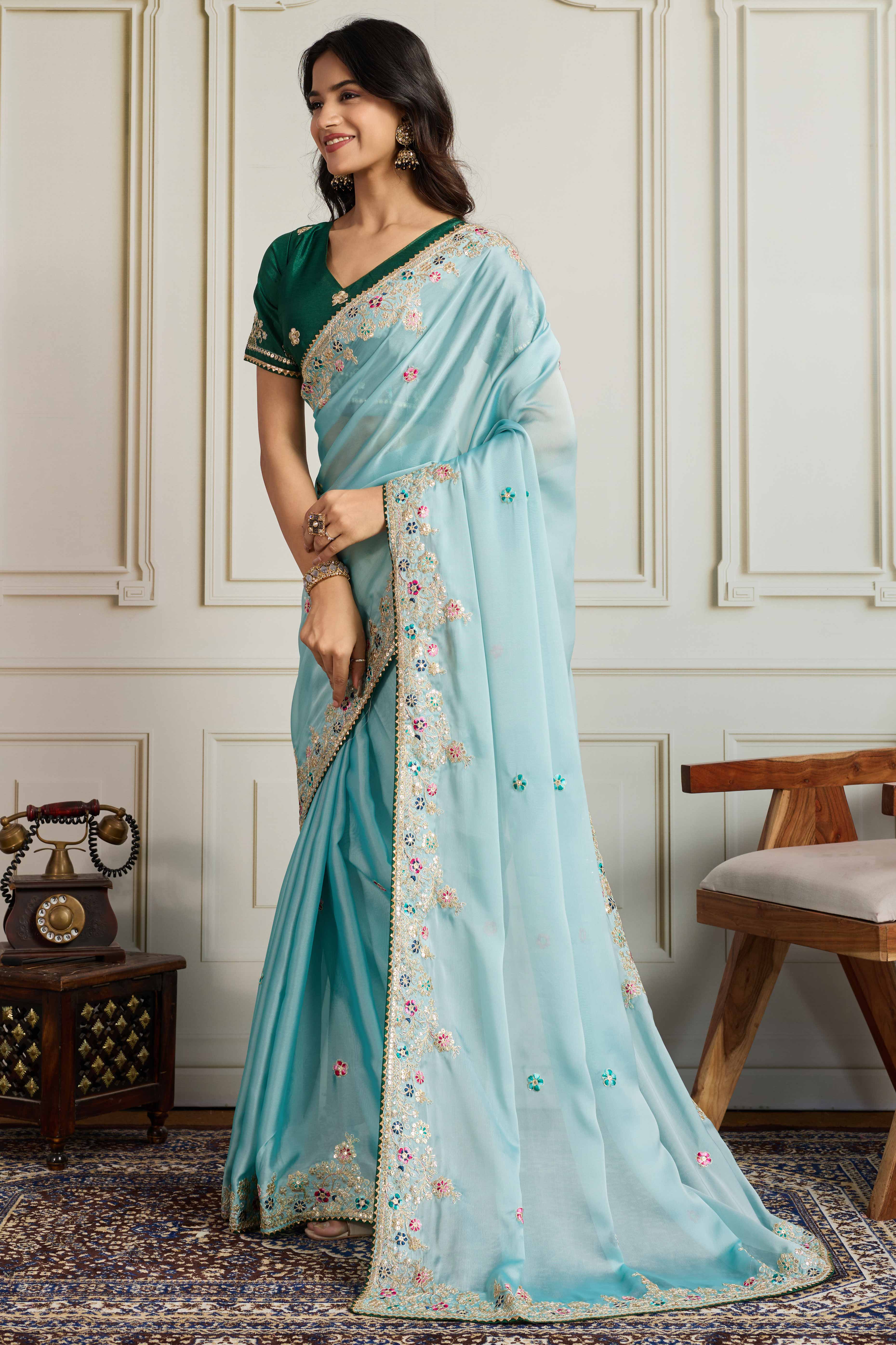 Aqua Blue Star Georgette Party Saree with Sequins and Floral Embroidery - Image 3