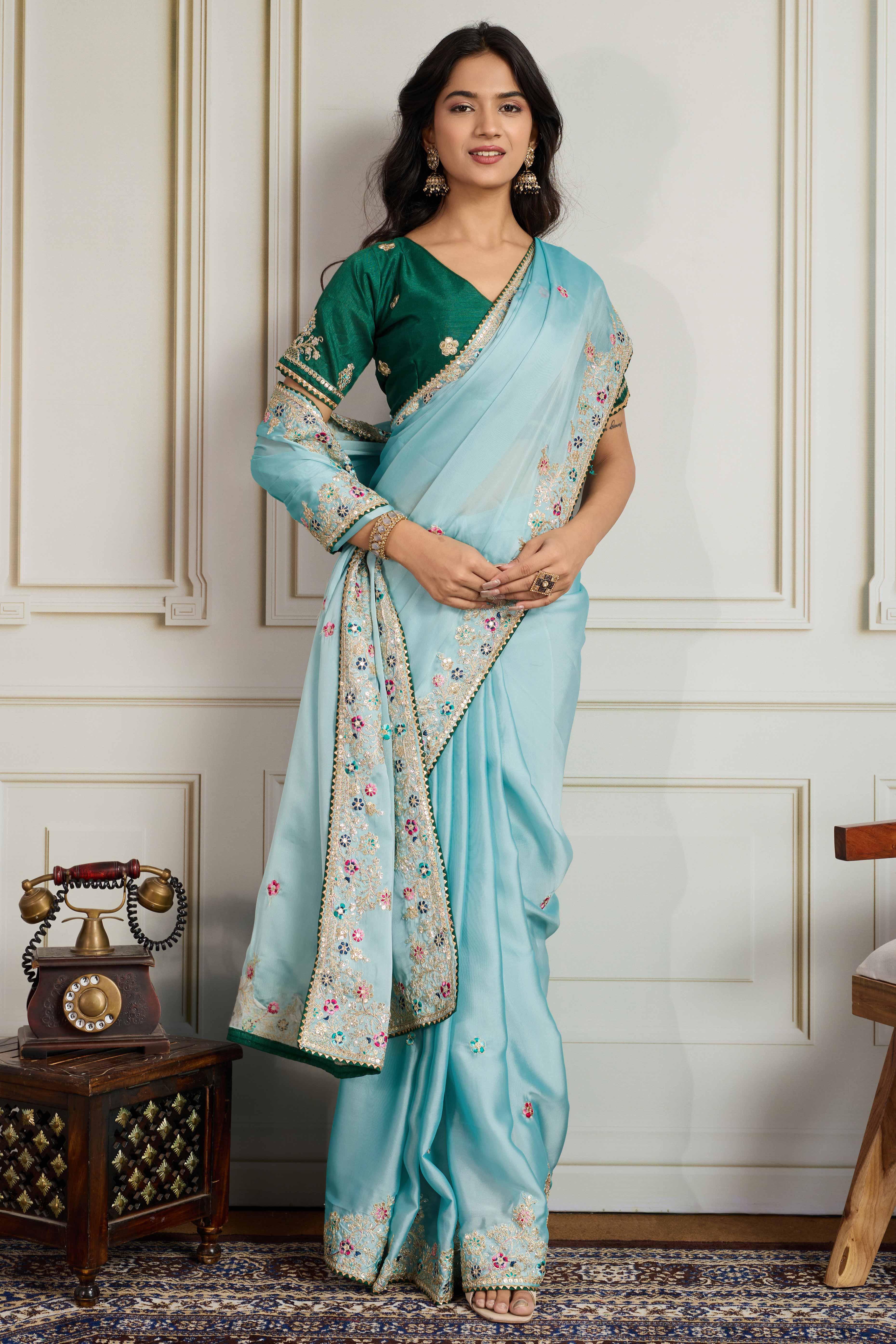 Aqua Blue Star Georgette Party Saree with Sequins and Floral Embroidery - Image 4