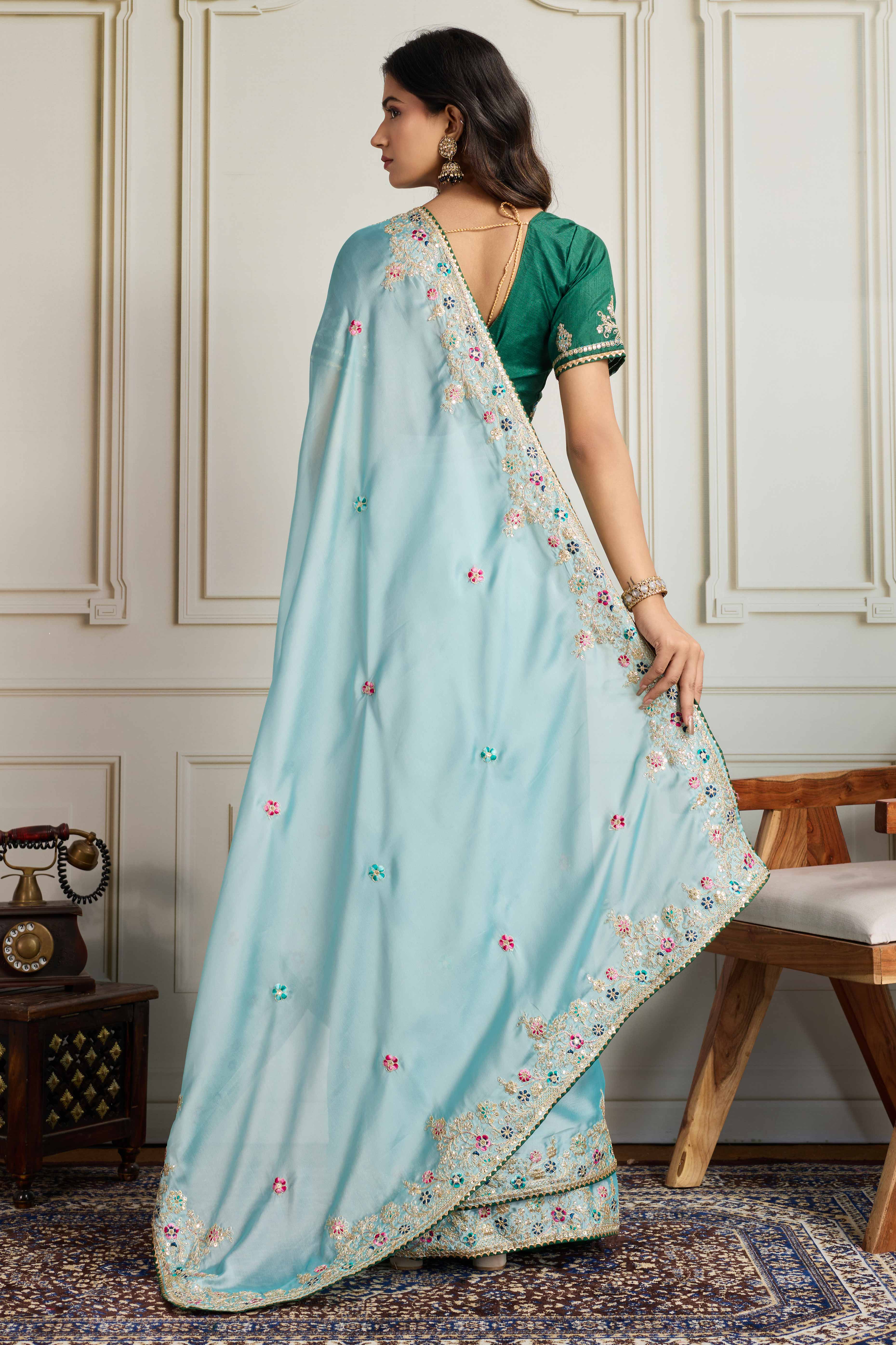 Aqua Blue Star Georgette Party Saree with Sequins and Floral Embroidery - Image 5