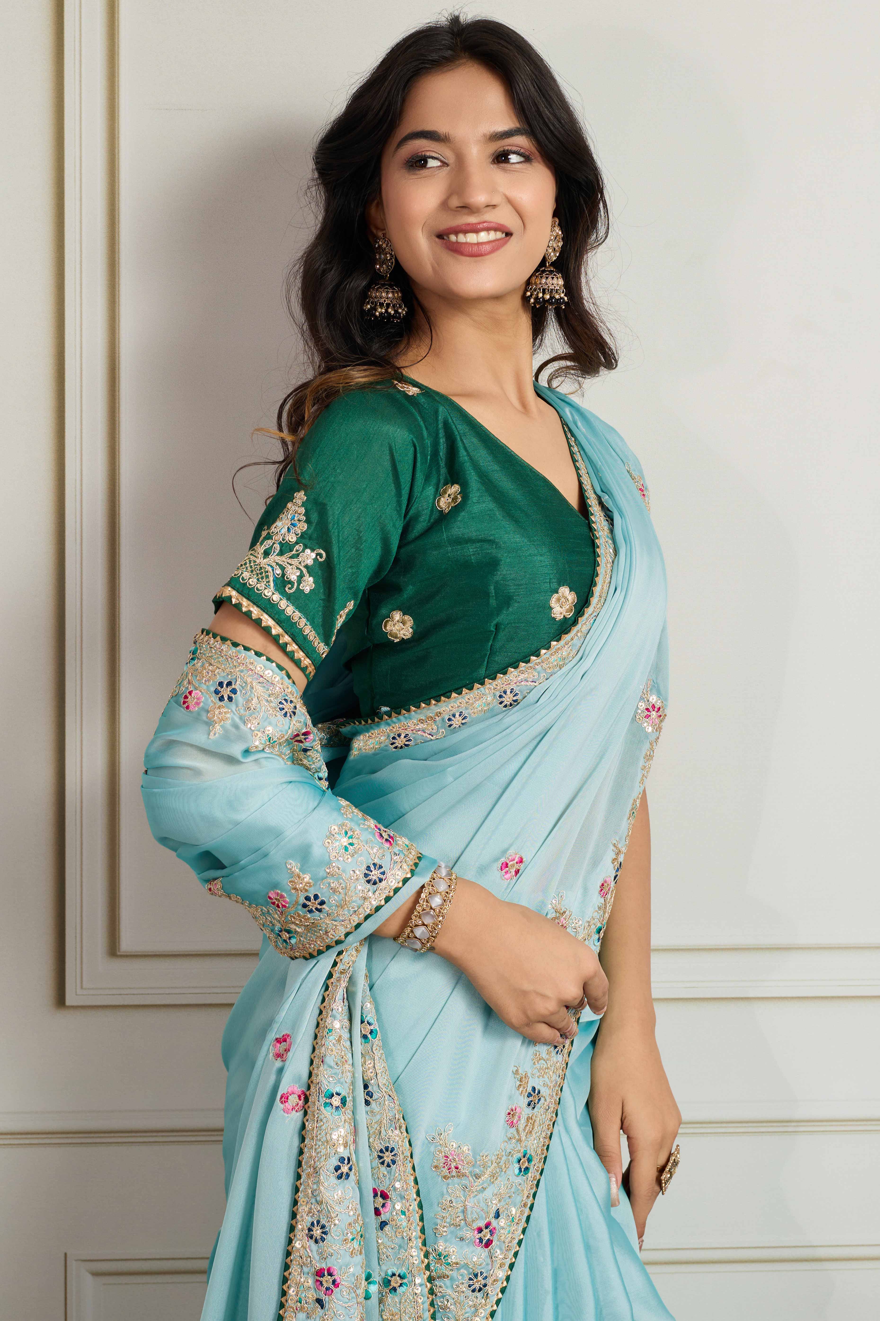 Aqua Blue Star Georgette Party Saree with Sequins and Floral Embroidery - Image 6