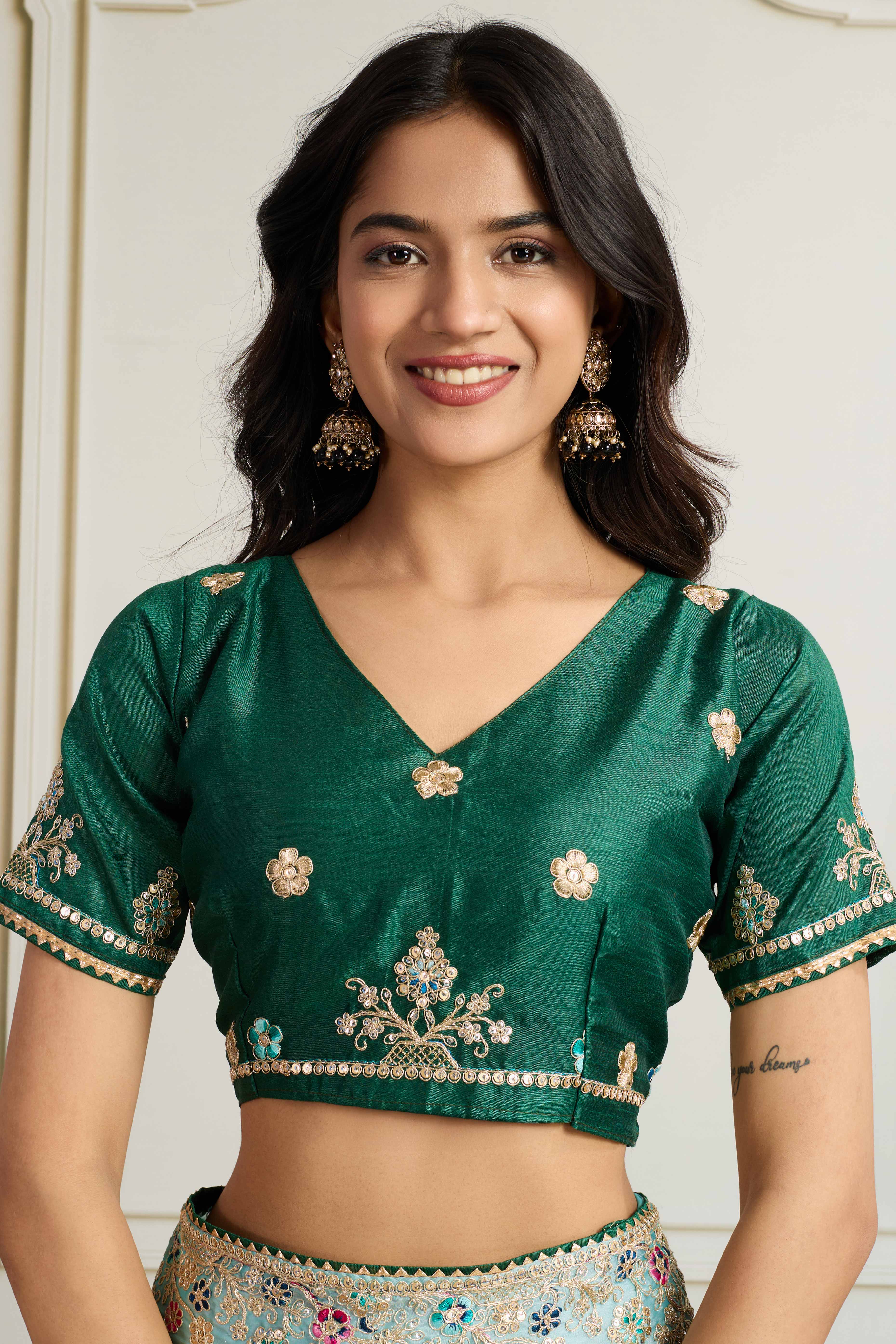 Aqua Blue Star Georgette Party Saree with Sequins and Floral Embroidery - Image 7