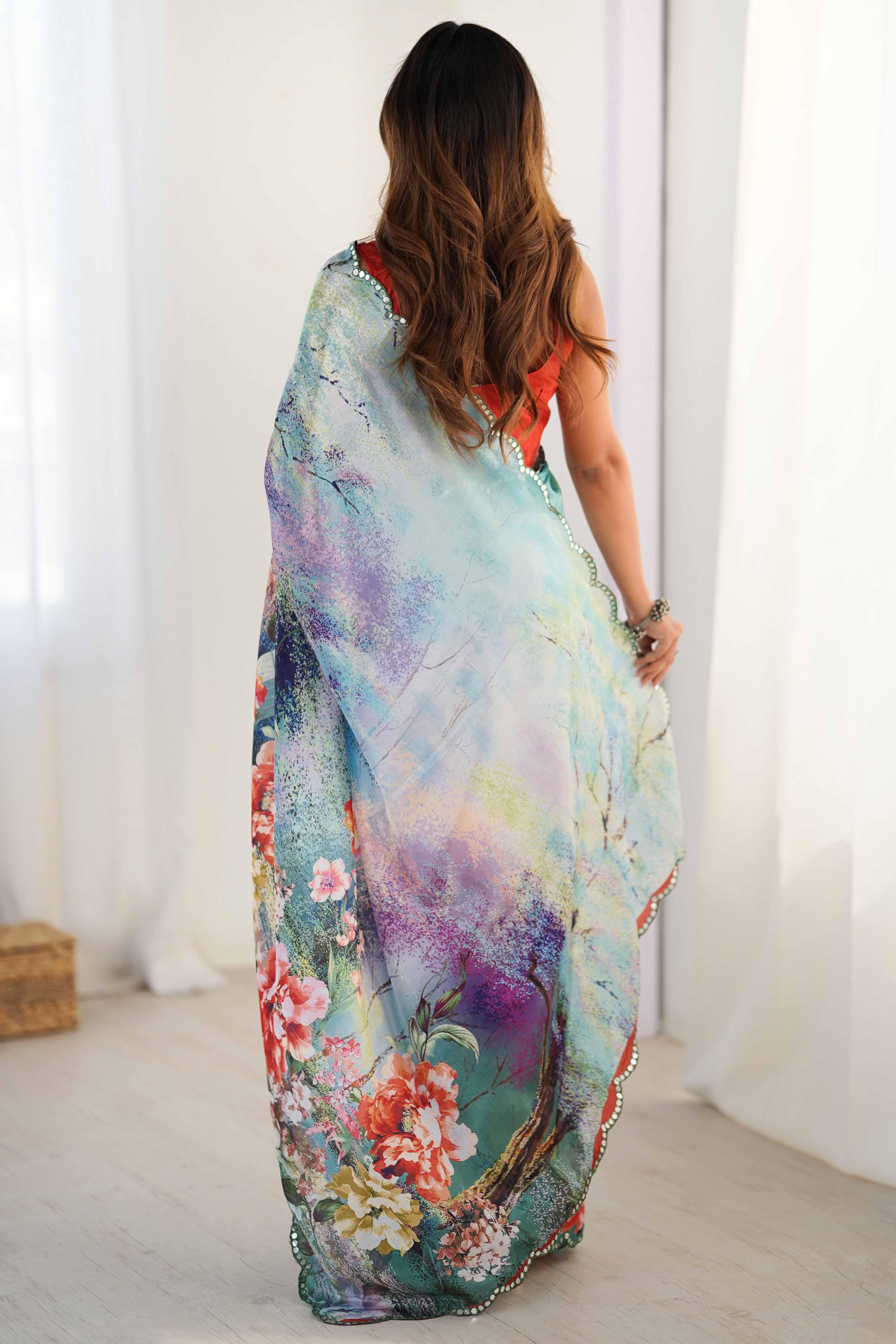 Aqua Teal Floral Printed Chinon Saree With Shimmering Mirror Detailing - Image 5