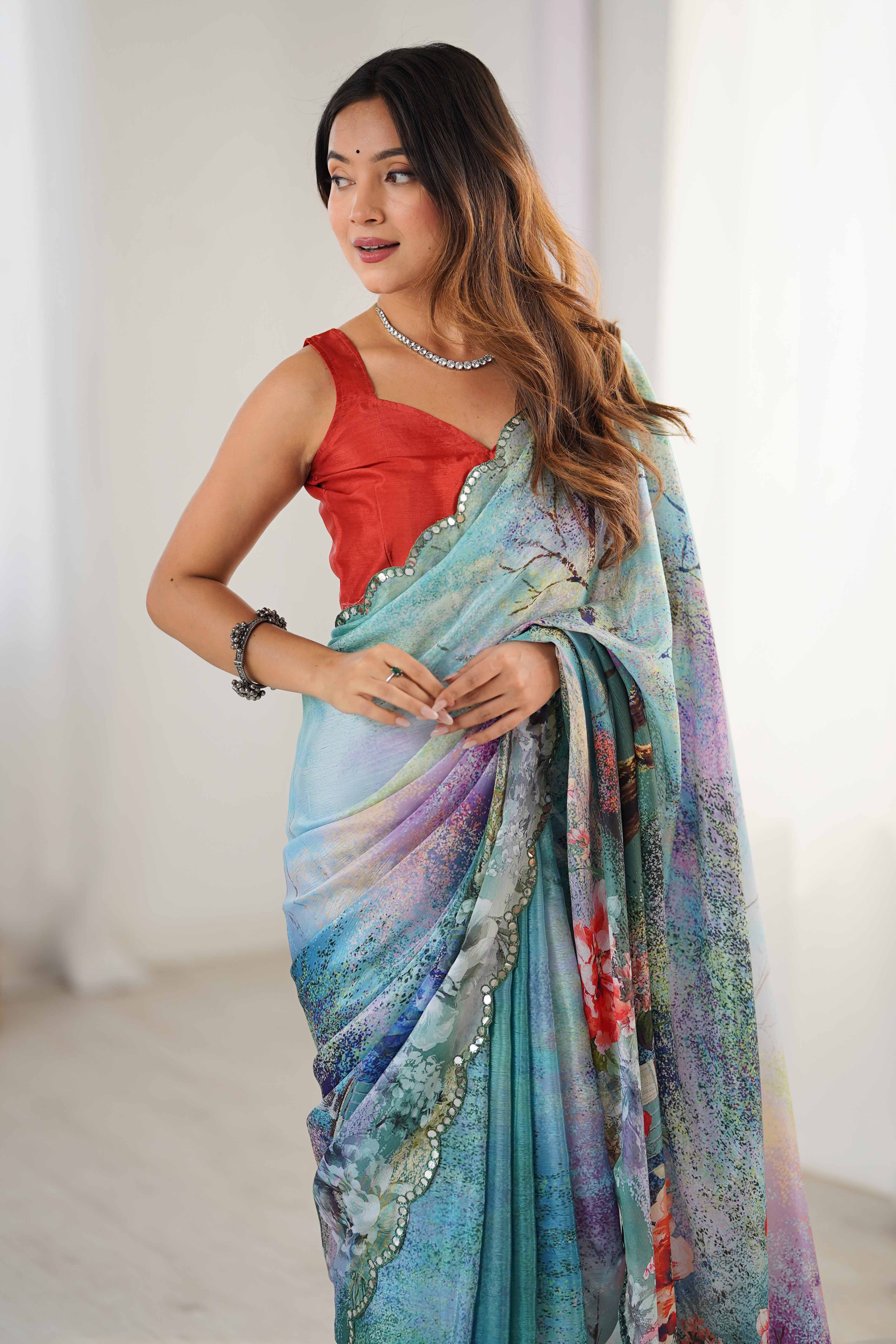 Aqua Teal Floral Printed Chinon Saree With Shimmering Mirror Detailing - Image 6