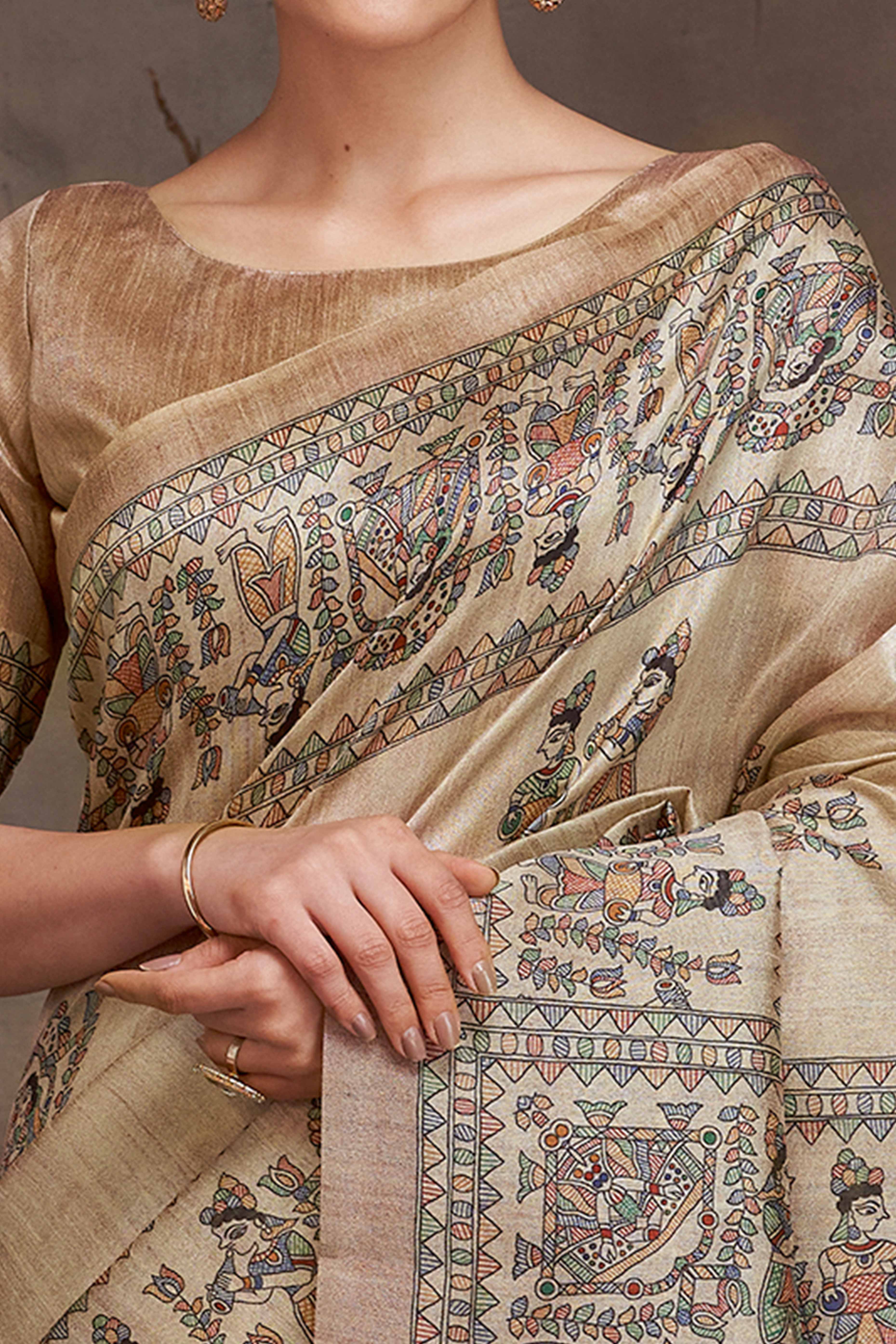 Art Inspired Beige Cotton Silk Saree with Floral Madhubani Touch - Image 2