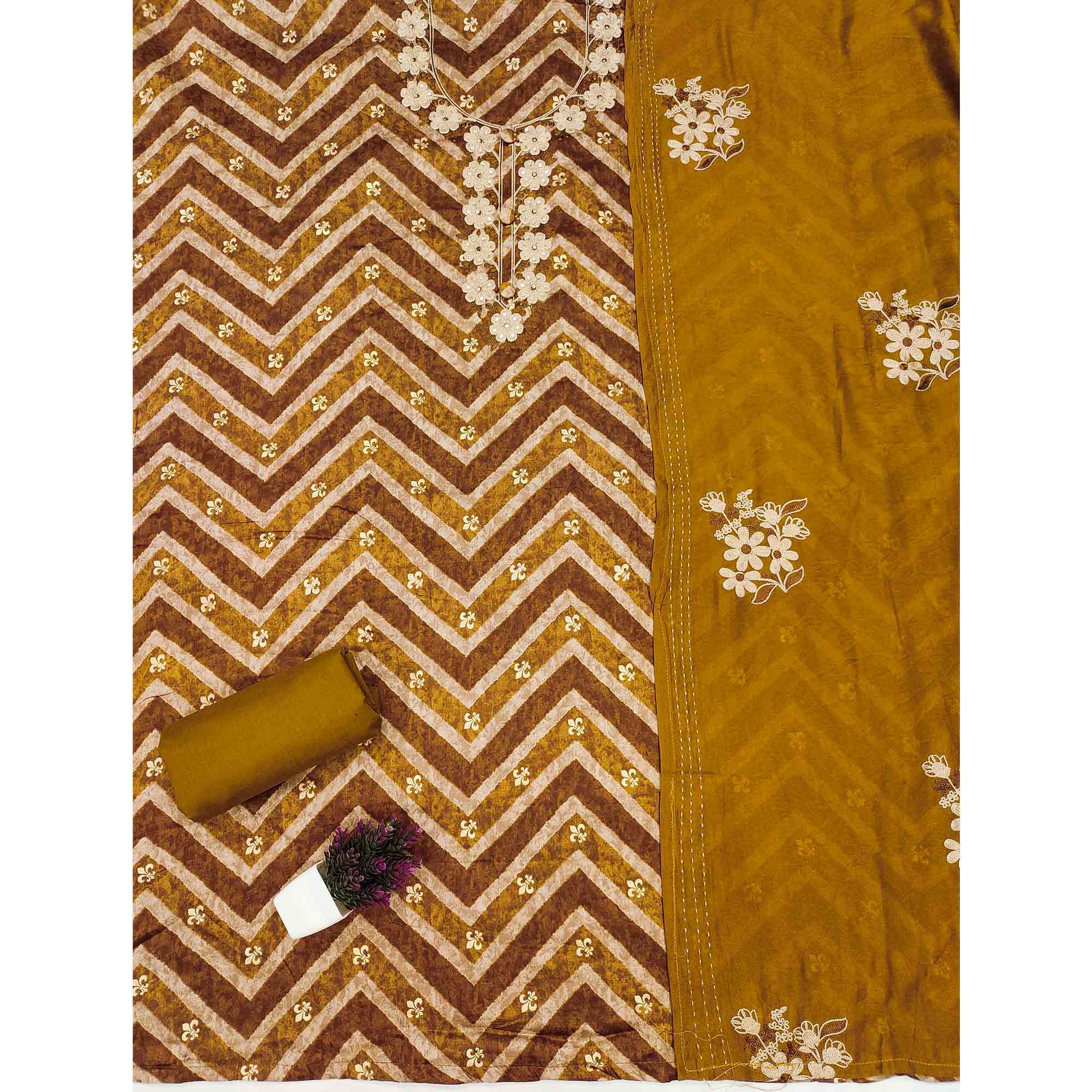 Artistic Mustard Zig Zag Print Cotton Blend Dress Material Accented With Floral Embroidery & Sequins - Image 3