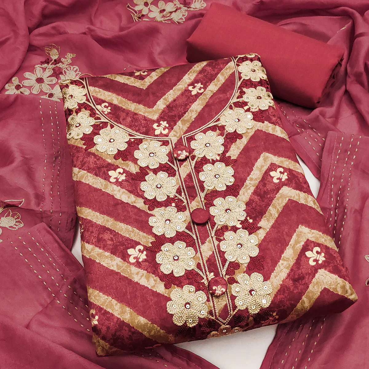 Artistic Pink Zig Zag Print Cotton Blend Dress Material Accented With Floral Embroidery & Sequins - Image 2