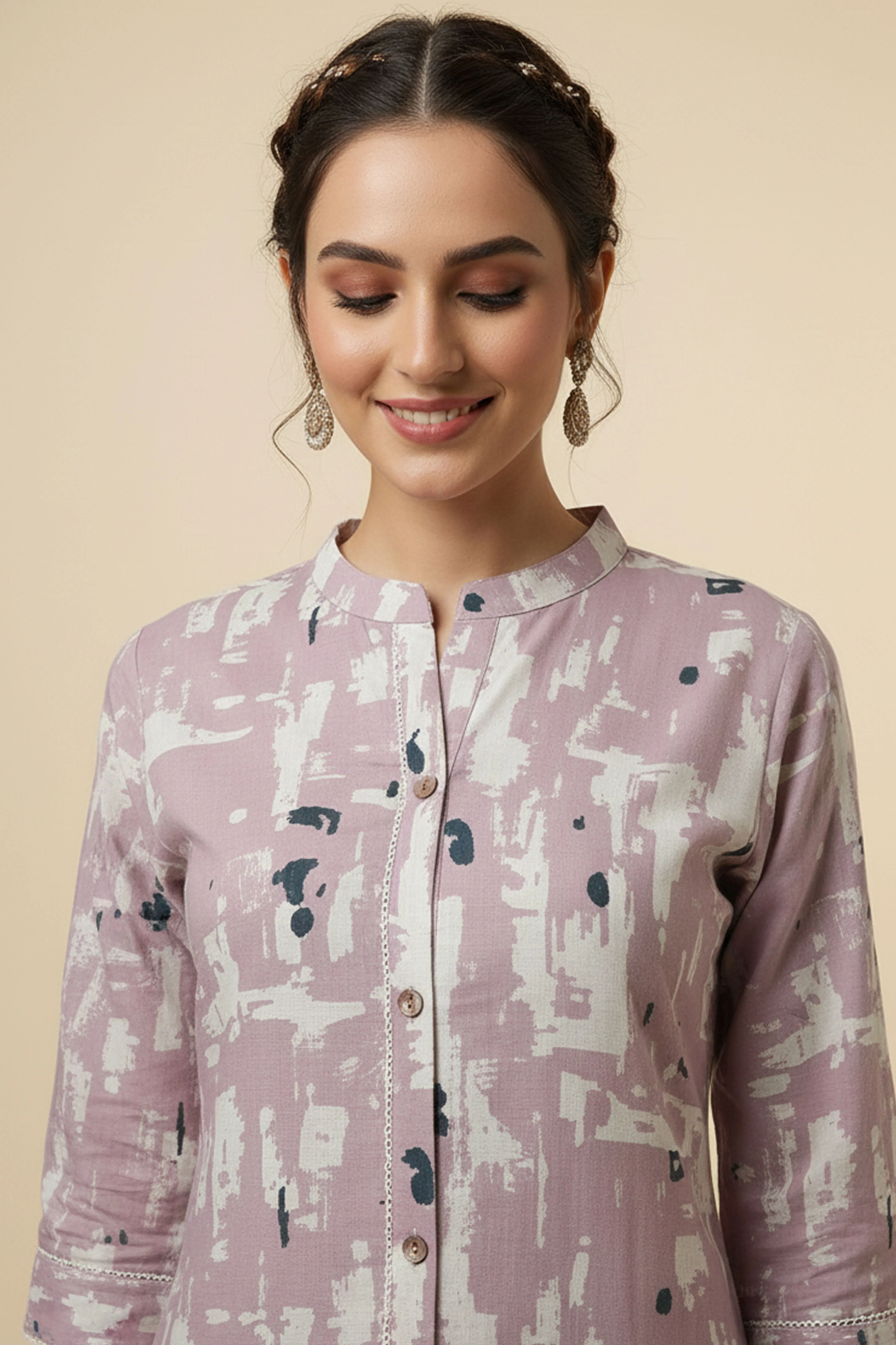 Baby Pink Abstract Printed Cotton Flex Straight Cut Two Piece Set Perfect for Smart Casual Looks - Image 2