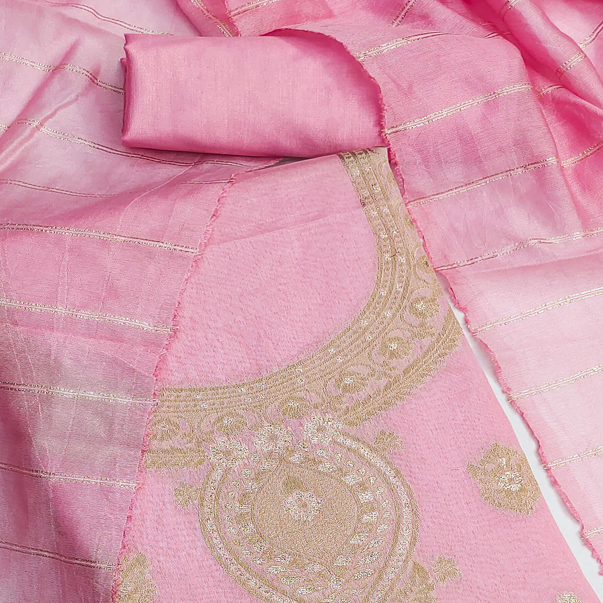 Baby Pink Banarasi Silk Dress Material With Classic Zari Design - Image 2