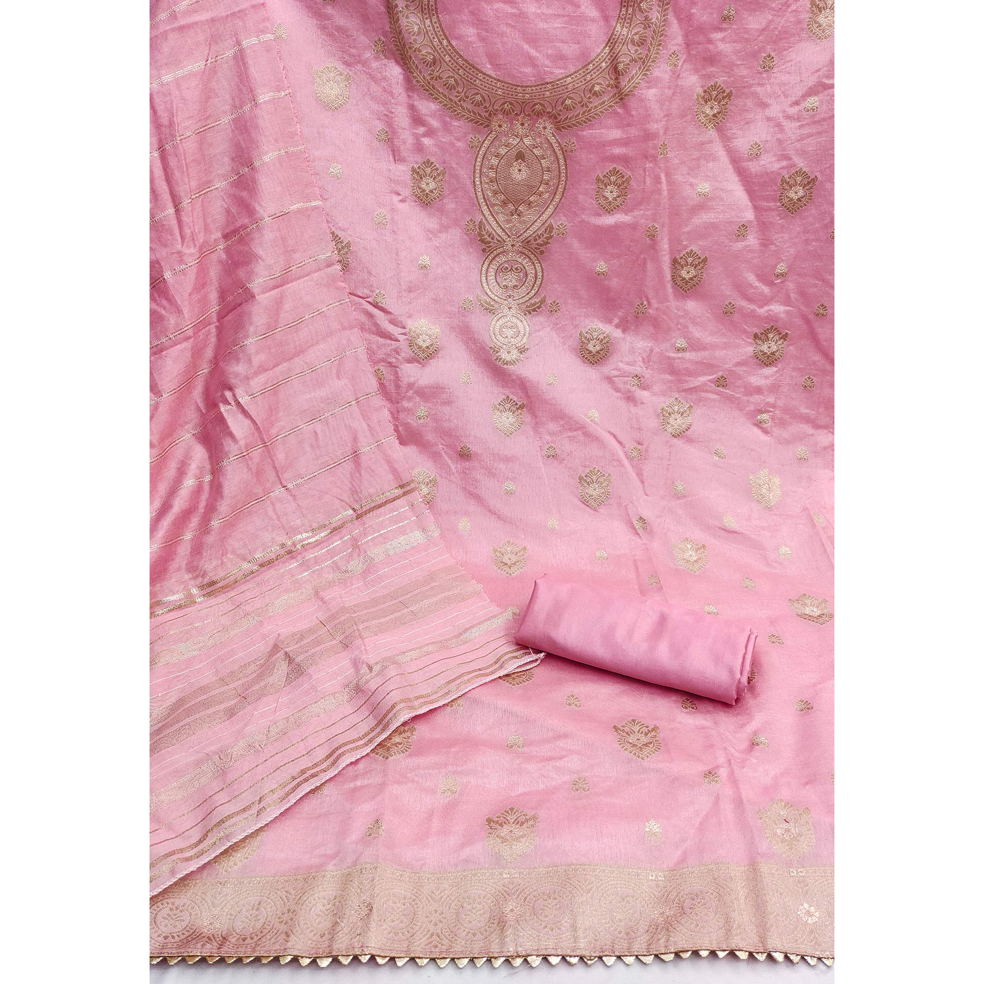 Baby Pink Banarasi Silk Dress Material With Classic Zari Design - Image 3