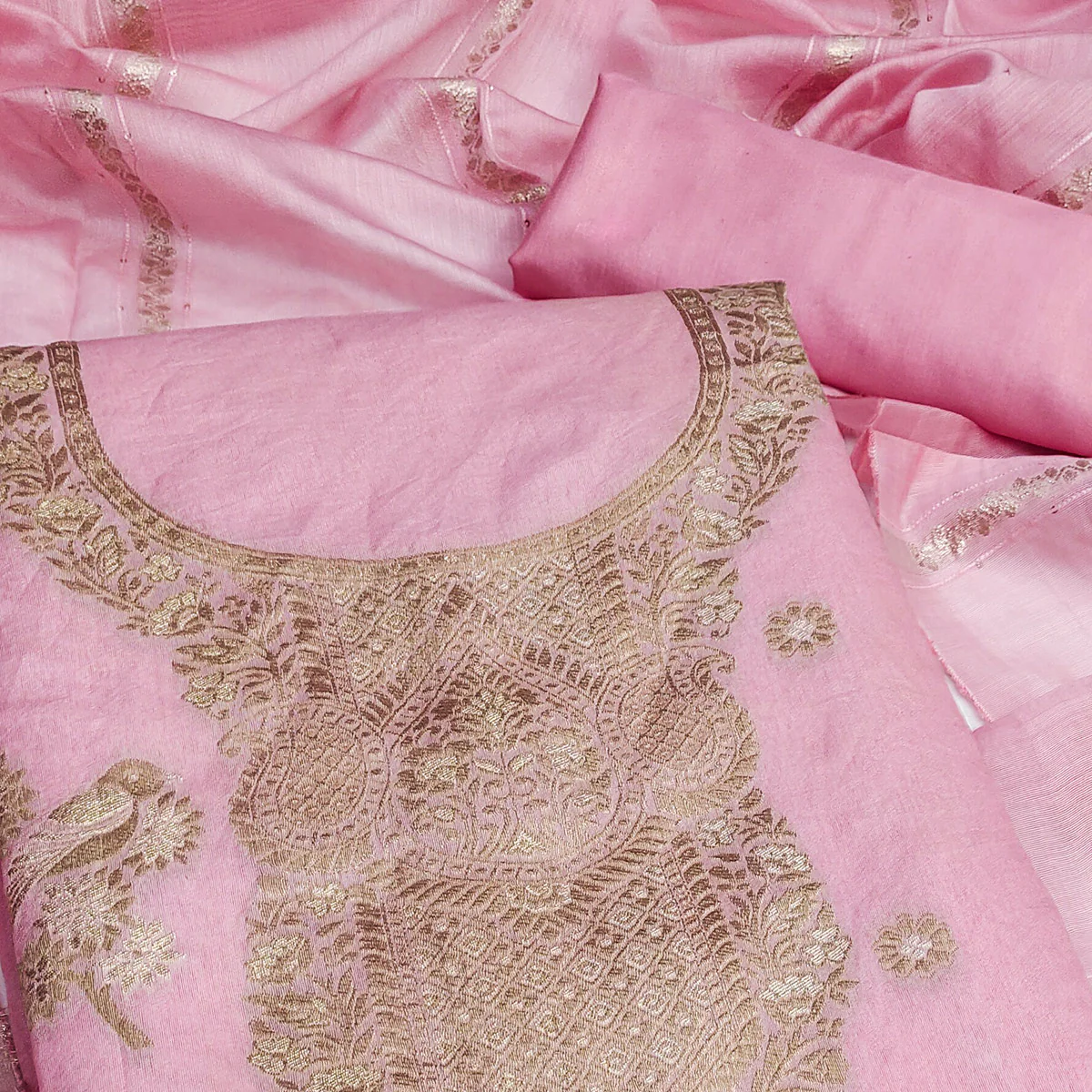 Baby Pink Banarasi Silk Dress Material With Classic Zari Design - Image 2