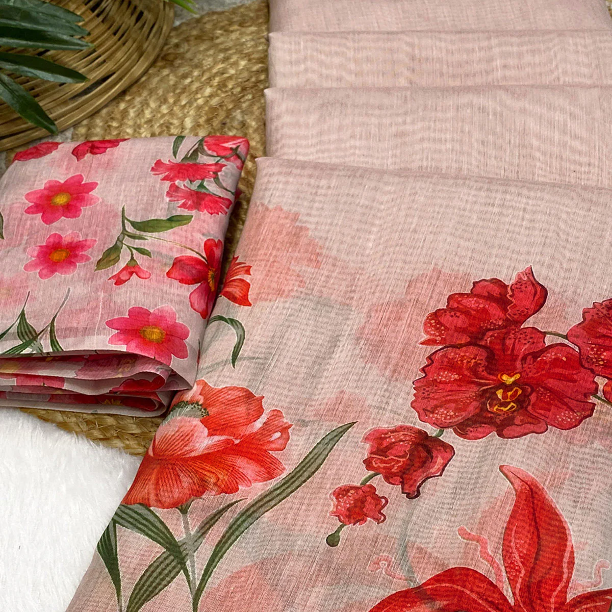 Baby Pink Chanderi Cotton Saree Featuring Digital Floral Prints & Decorative Tassel Pallu - Image 2