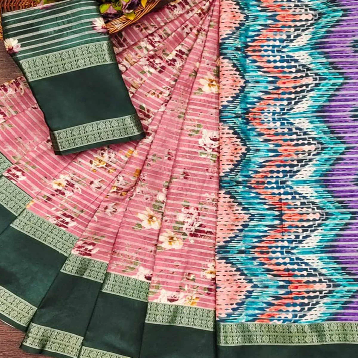 Baby Pink Floral Digital Printed Cotton Silk Saree - Image 2