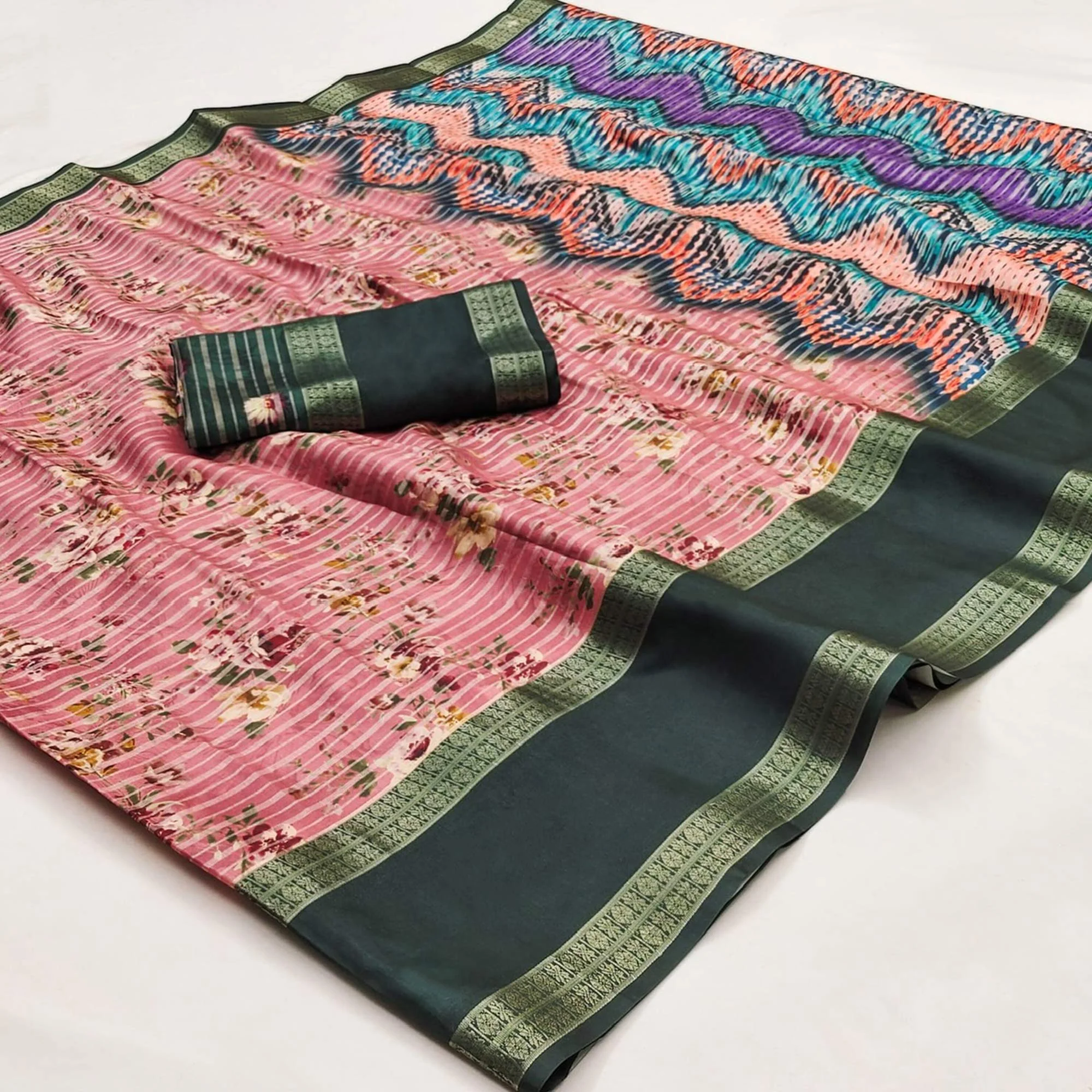 Baby Pink Floral Digital Printed Cotton Silk Saree - Image 3