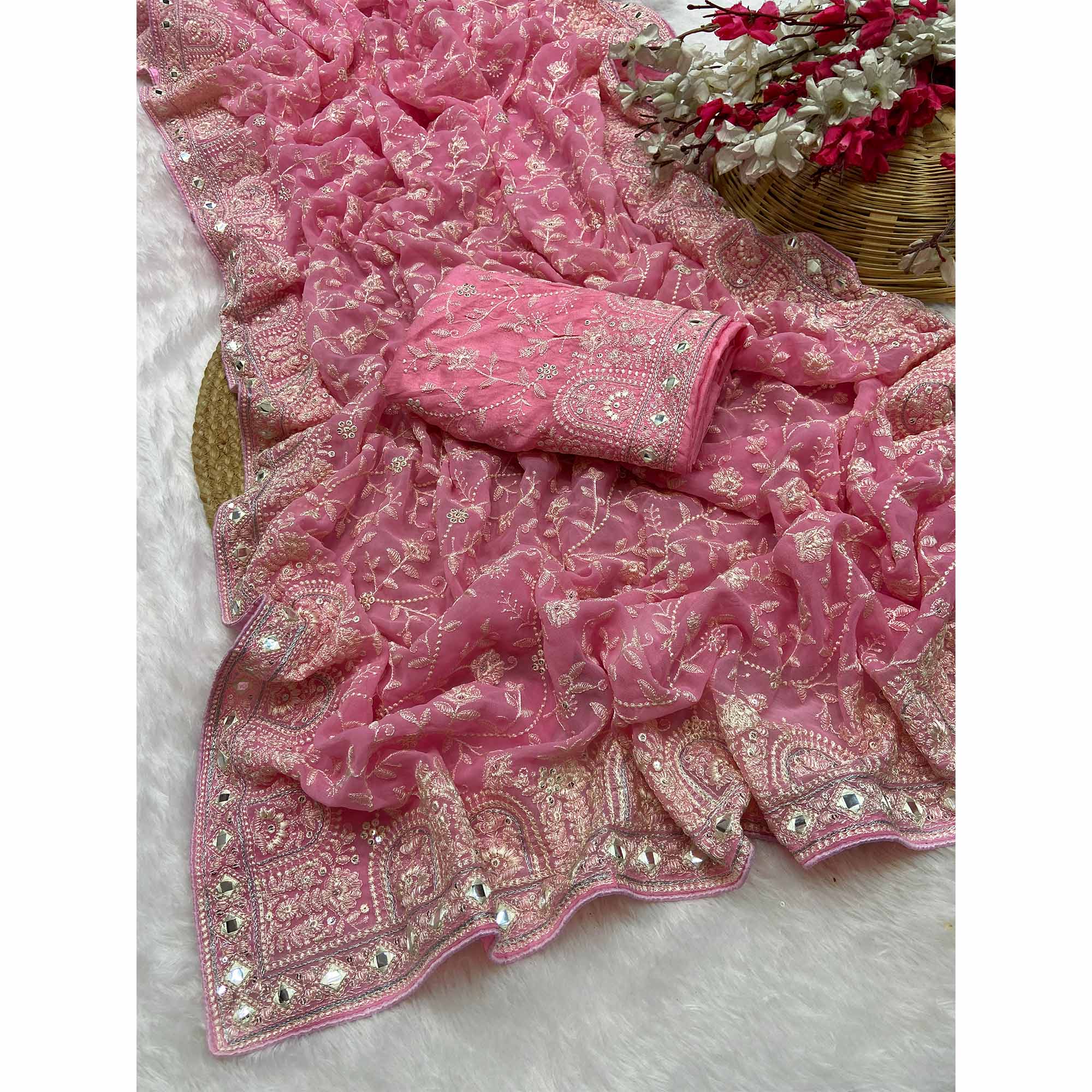 Baby Pink Floral Embroidered Georgette Saree With Sequin Highlights - Image 3
