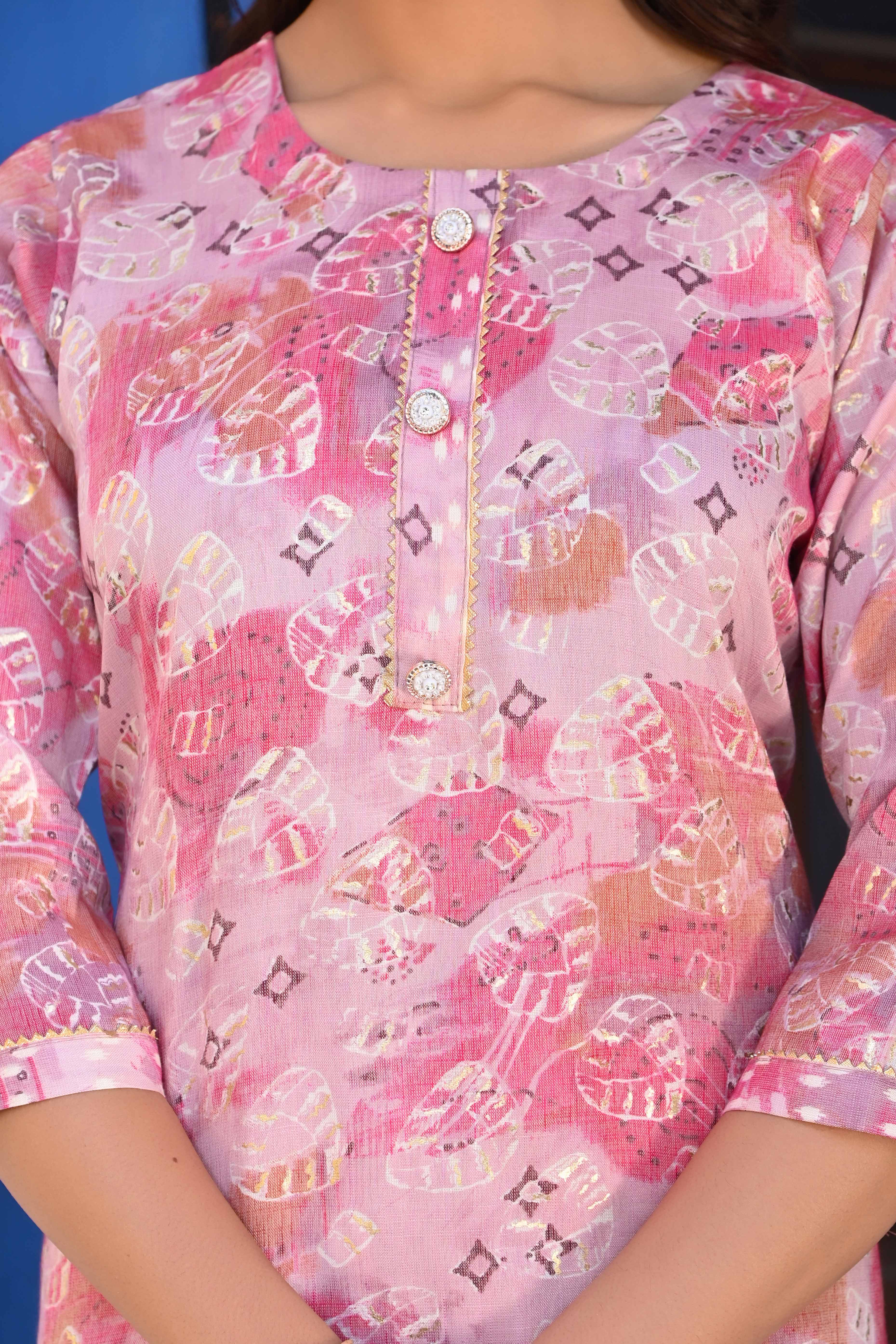 Baby Pink Floral Foil Printed Rayon Salwar Suit - Image 2