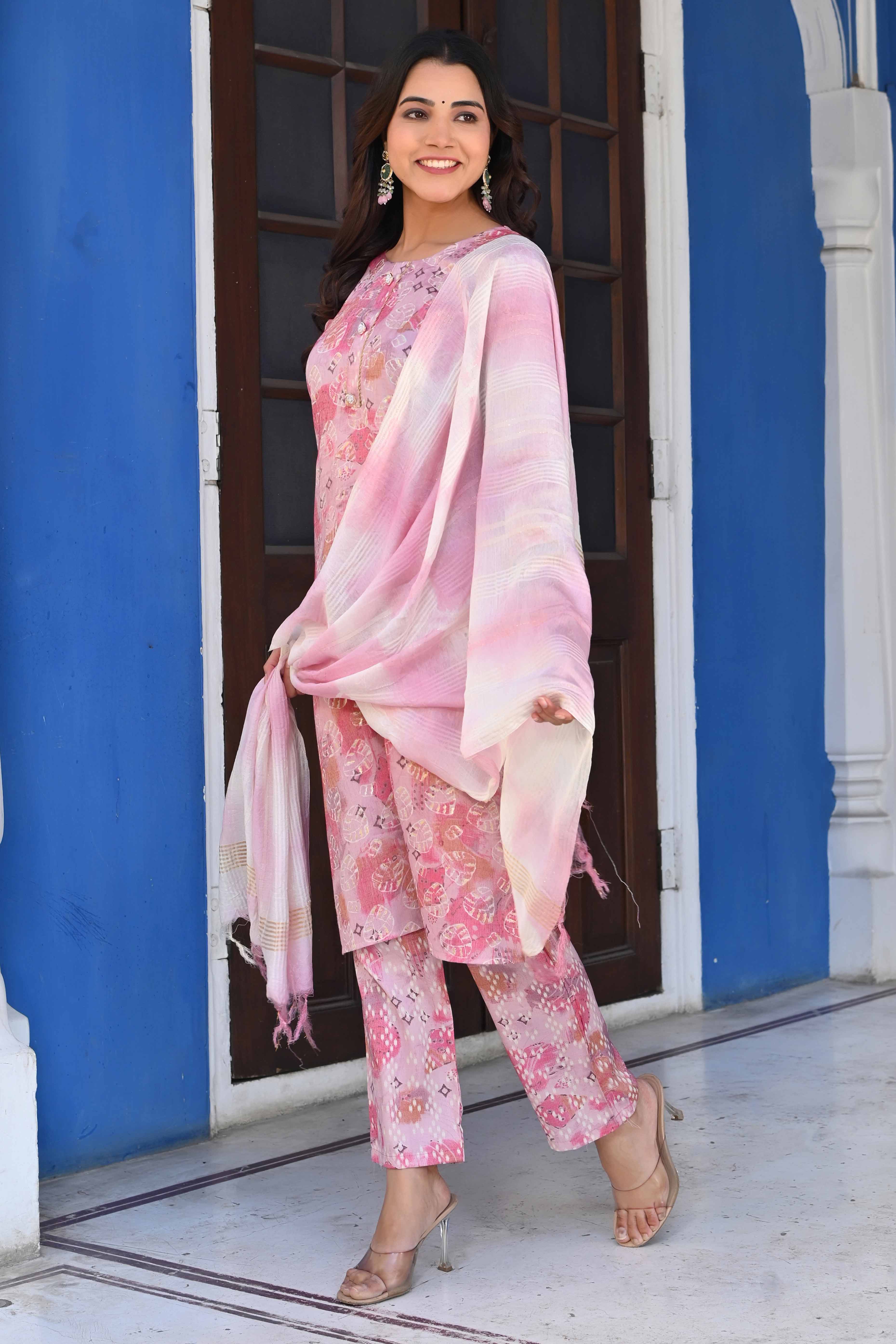 Baby Pink Floral Foil Printed Rayon Salwar Suit - Image 3