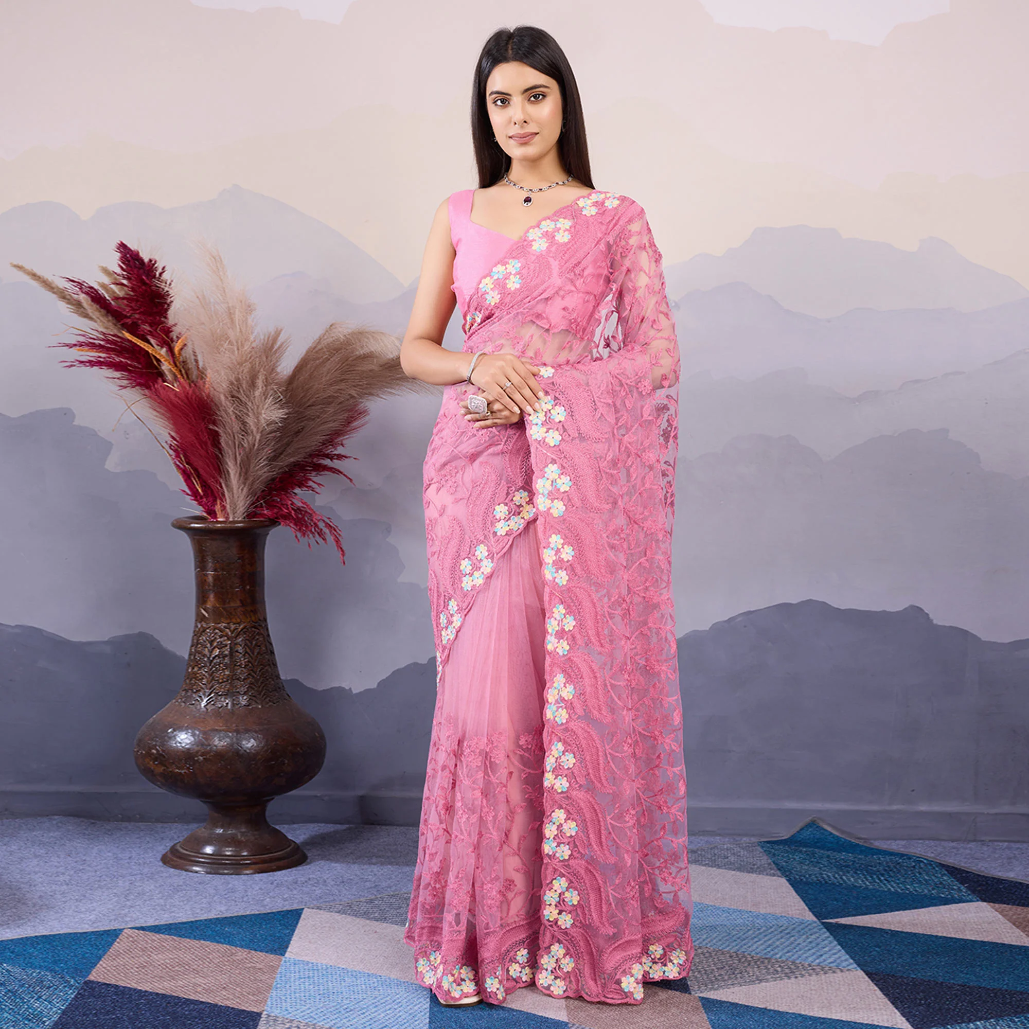 Baby Pink Floral Embroidered Net Saree - Image 2