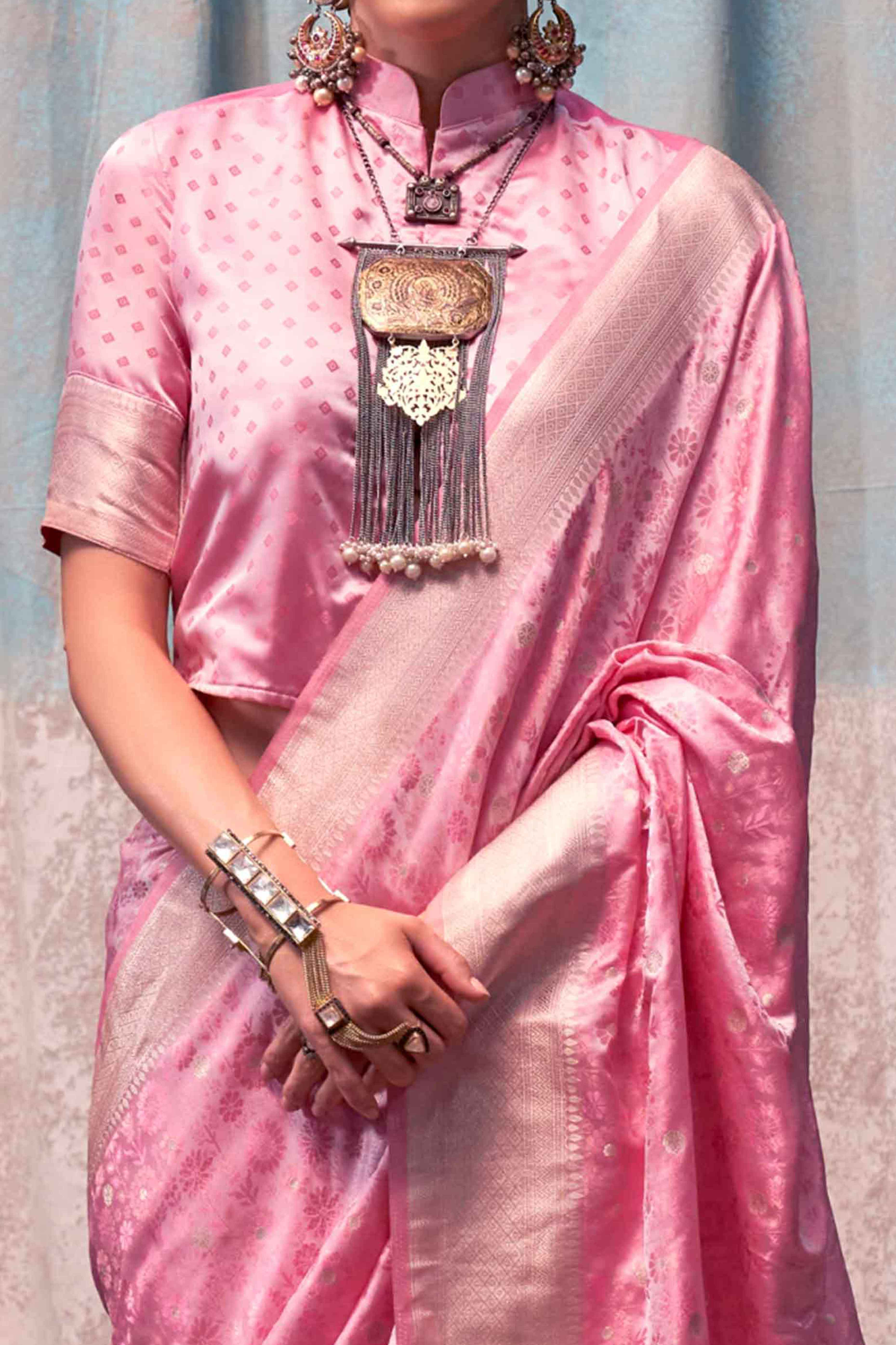 Baby Pink Handloom Woven Pure Satin Saree - Image 2