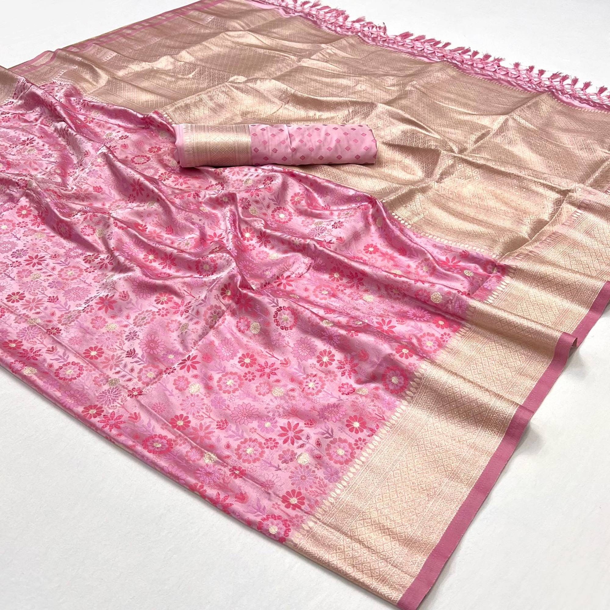 Baby Pink Handloom Woven Pure Satin Saree - Image 4