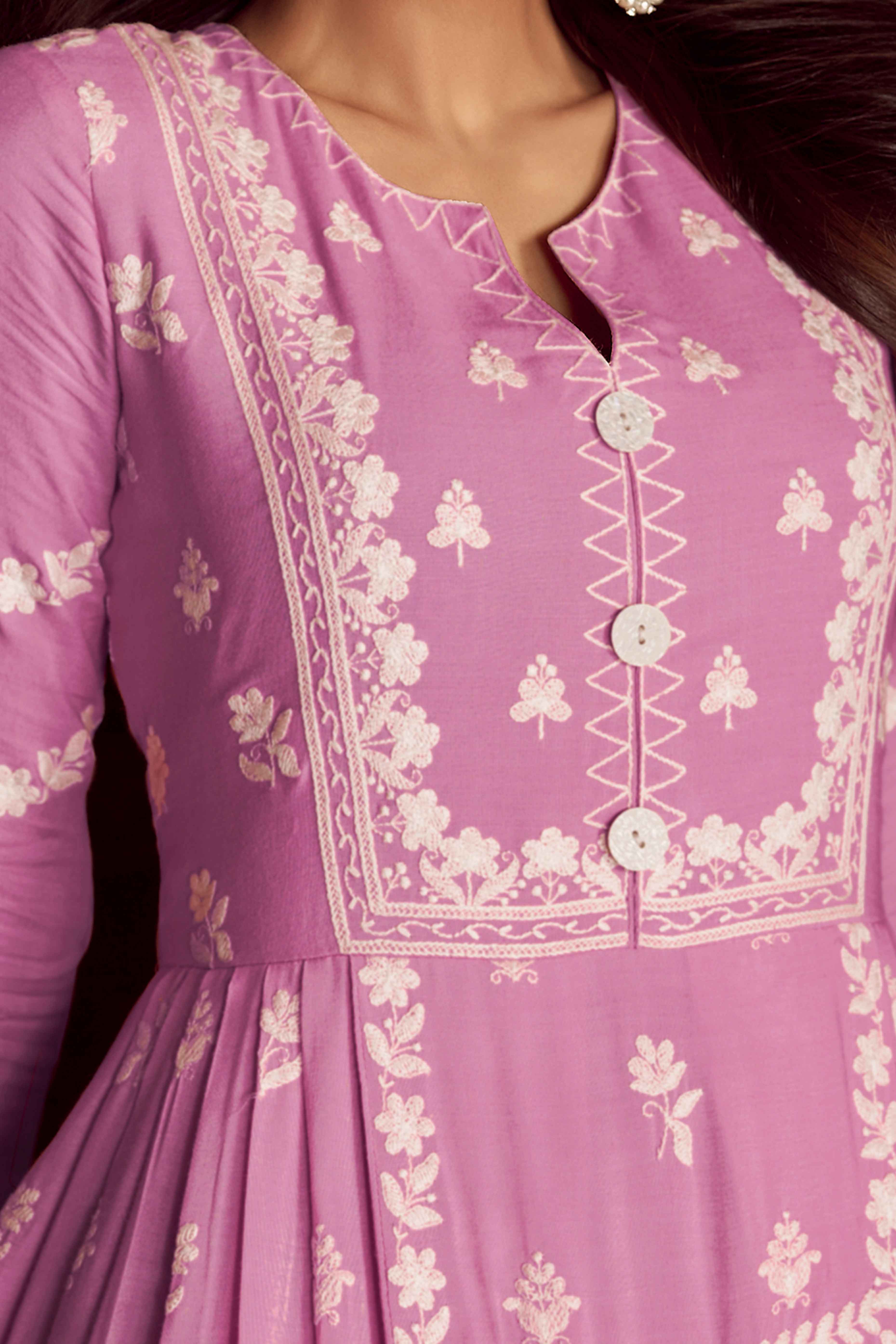 Baby Pink Lucknowi Embroidered Rayon Palazzo Suit - Image 2
