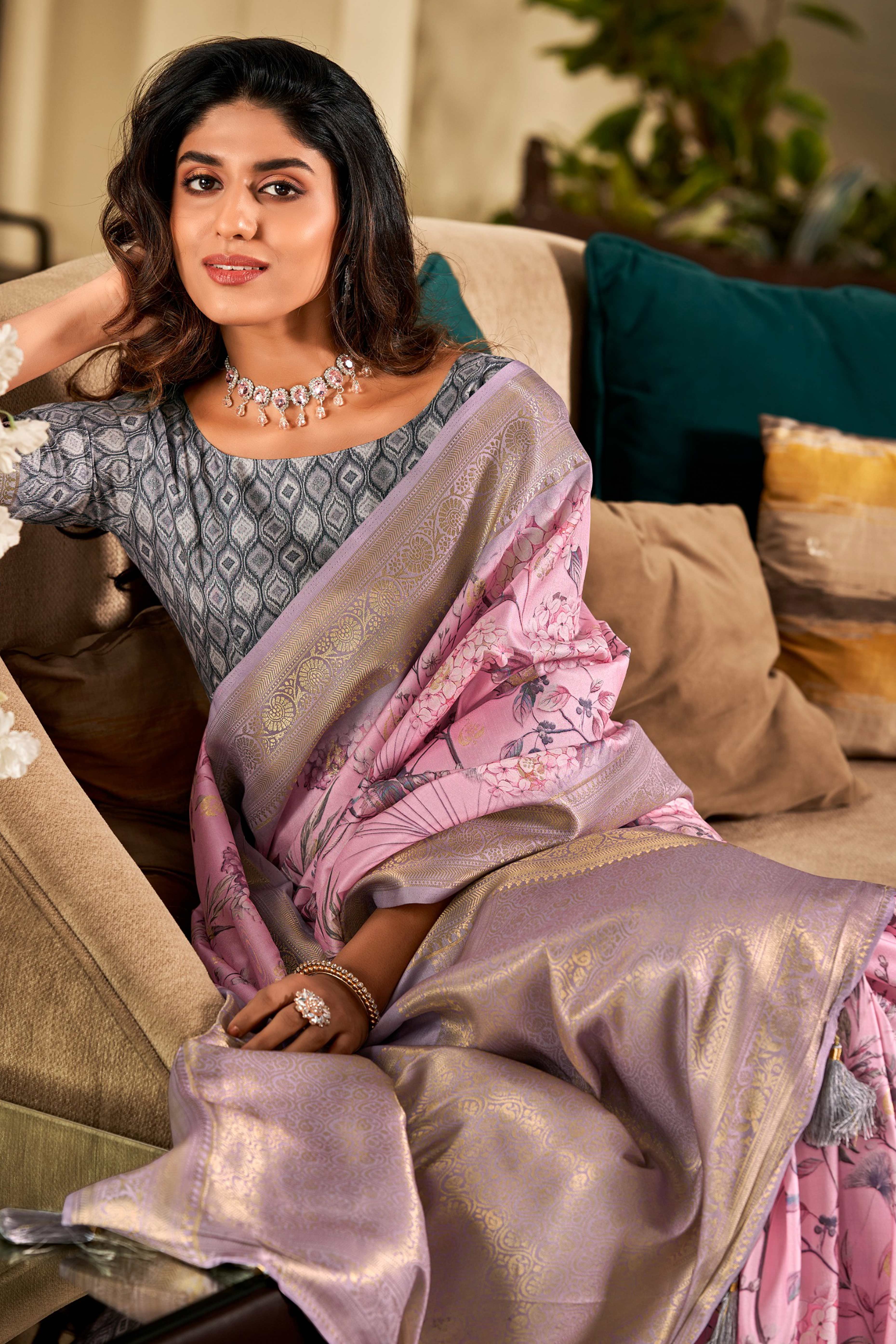 Baby Pink Pure Silk Floral Print With Weaving On Border - Image 3