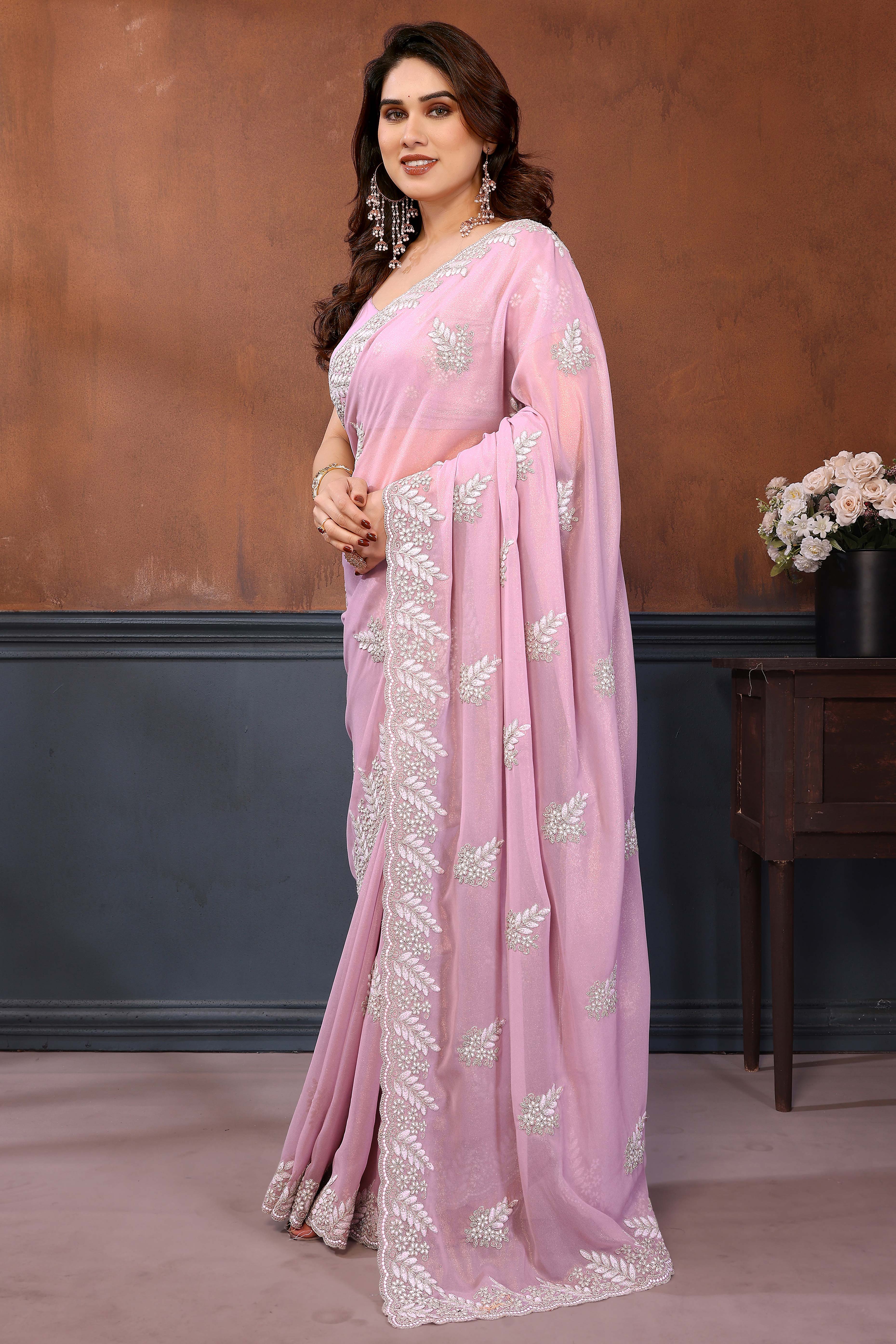 Baby Pink Thread Work Embroidered Georgette Saree Beautiful Partywear with Soft Draping - Image 3