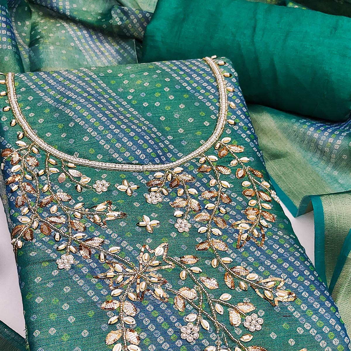 Bandhani Printed Green Cotton Silk Dress Material with Hand Embellishment - Image 2